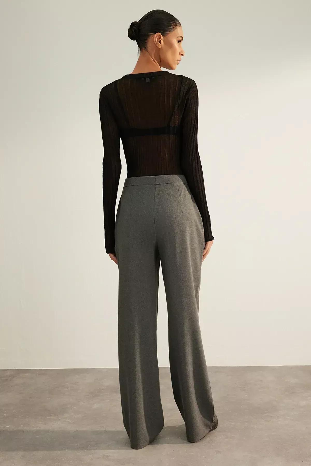 بنطال فاخر بقصة ساق عريضة، رمادي, Anthracite, large image number 5