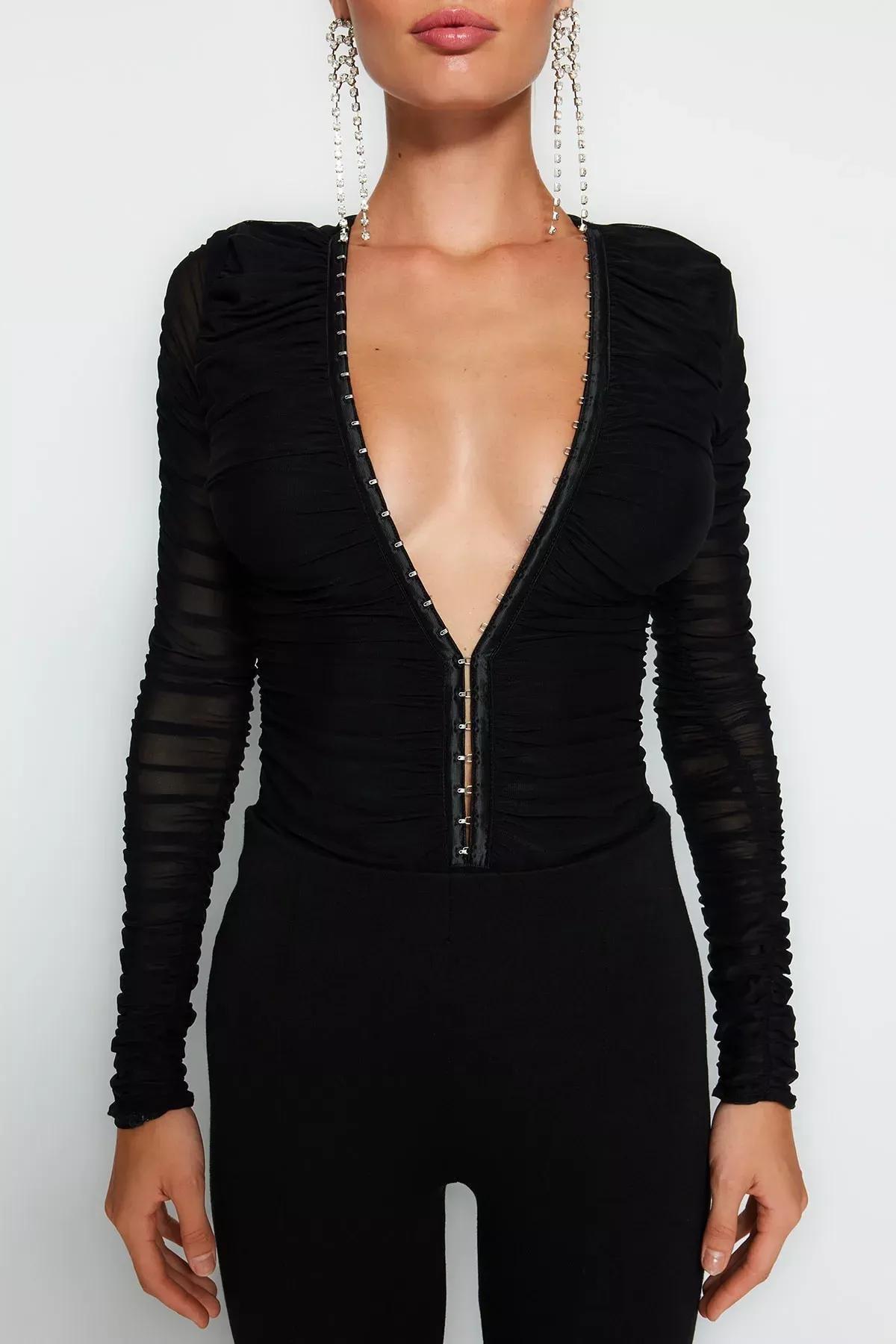 Black Draped And Accessory Knitted Body, BLACK, large image number 3