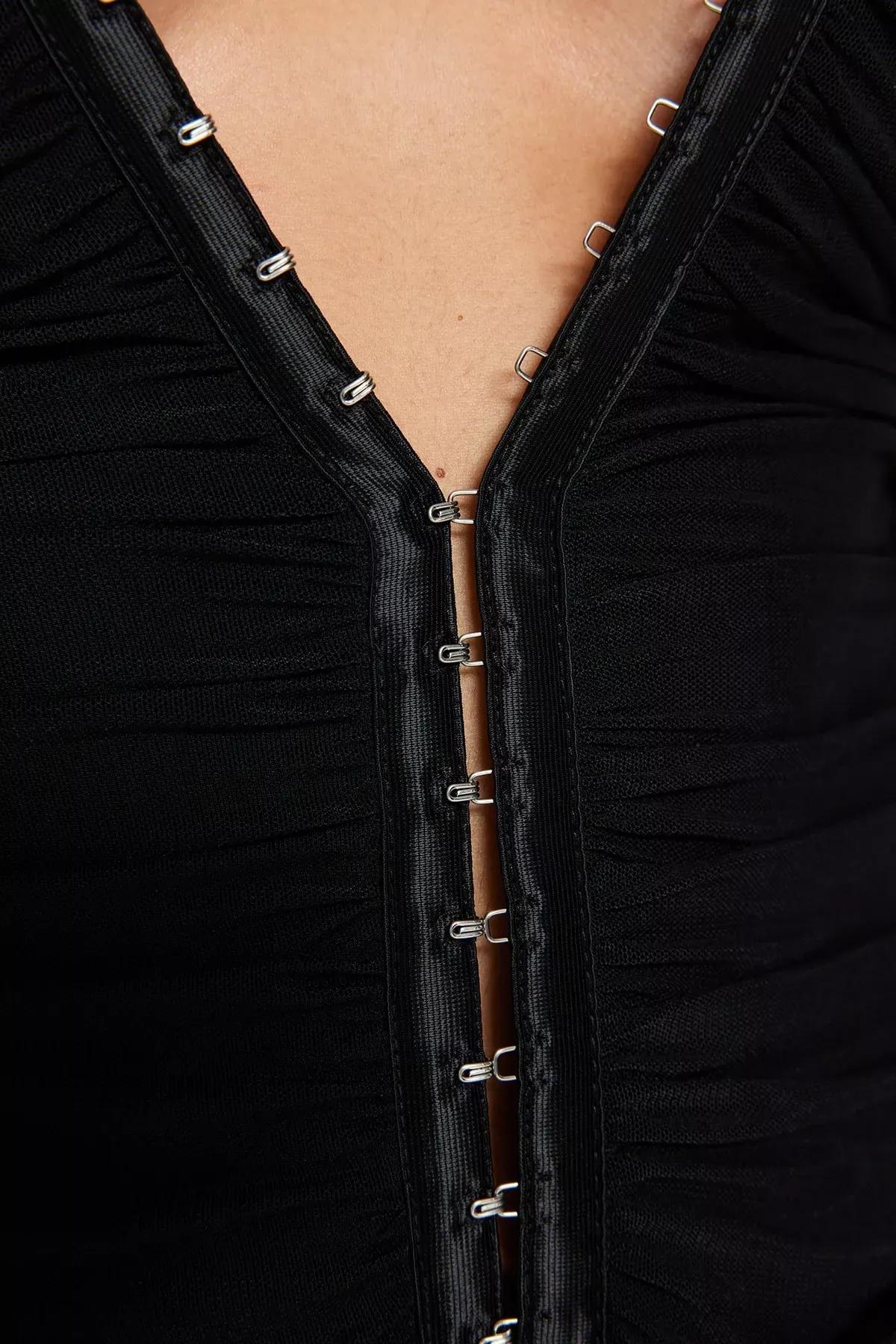 Black Draped And Accessory Knitted Body, BLACK, large image number 4