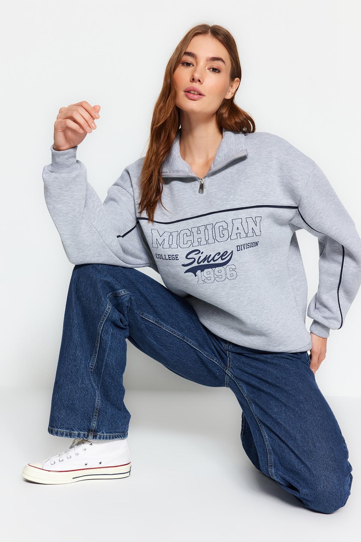 Grey Printed Oversized Knitted Sweatshirt, , large image number 0