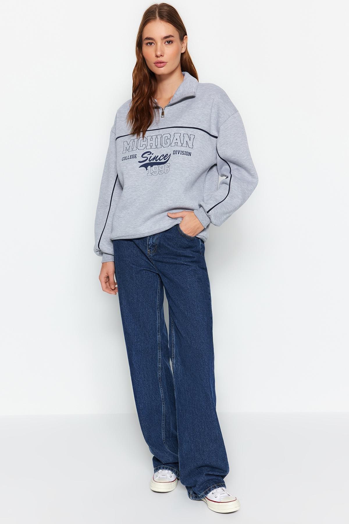 Grey Printed Oversized Knitted Sweatshirt, , large image number 1