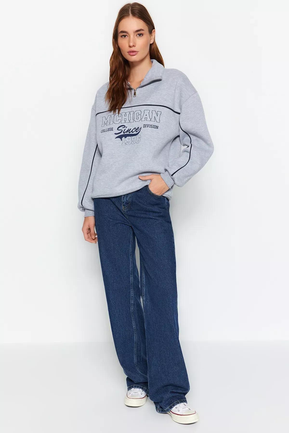 Grey Printed Oversized Knitted Sweatshirt, , large image number 1