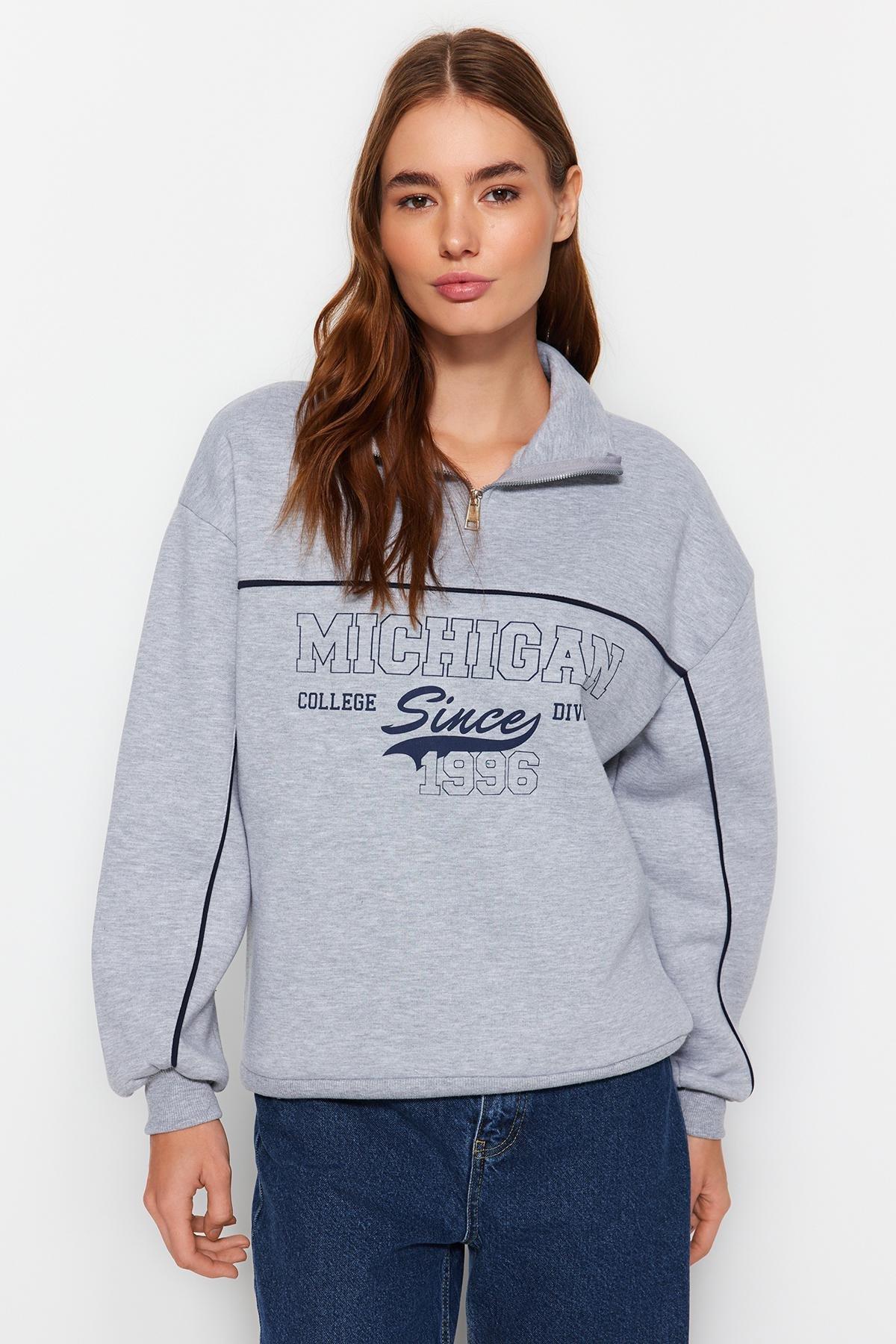 Trendyol - Grey Printed Oversized Knitted Sweatshirt