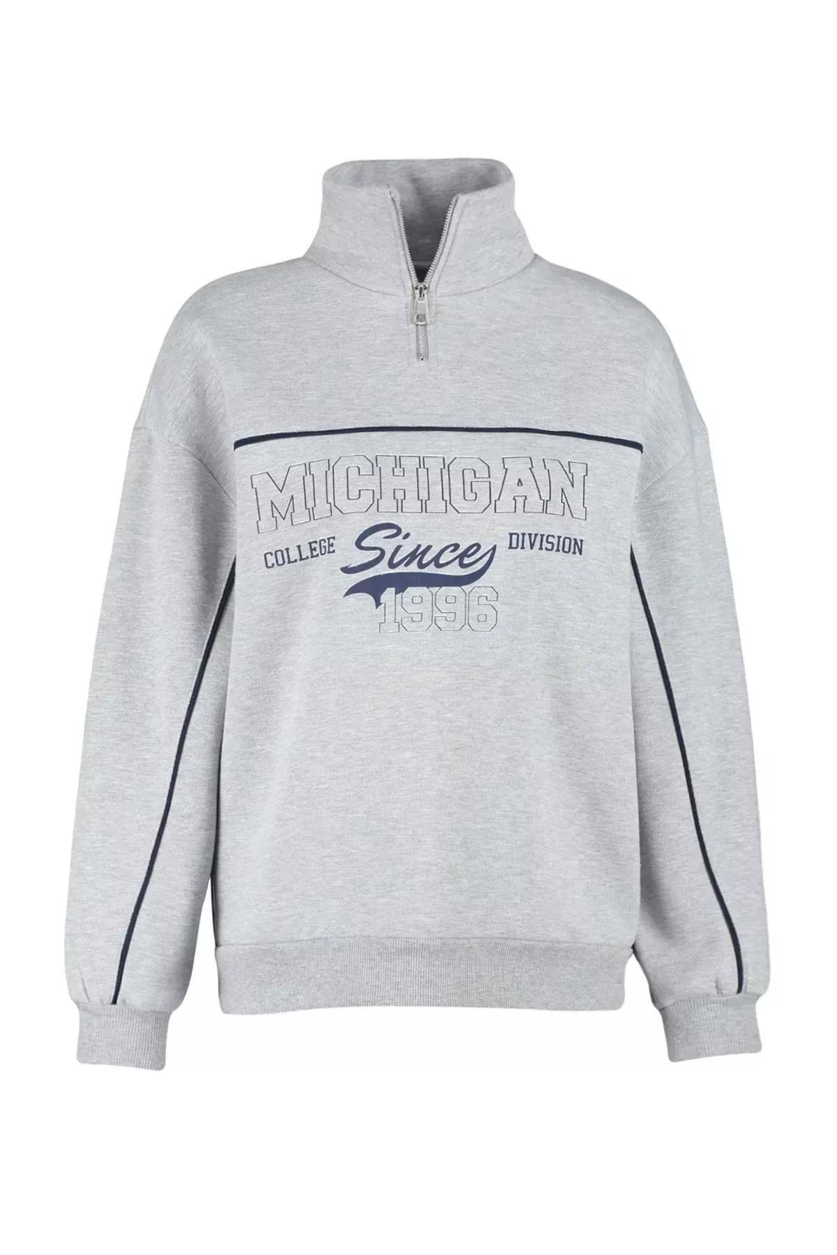 Grey Printed Oversized Knitted Sweatshirt, , large image number 4