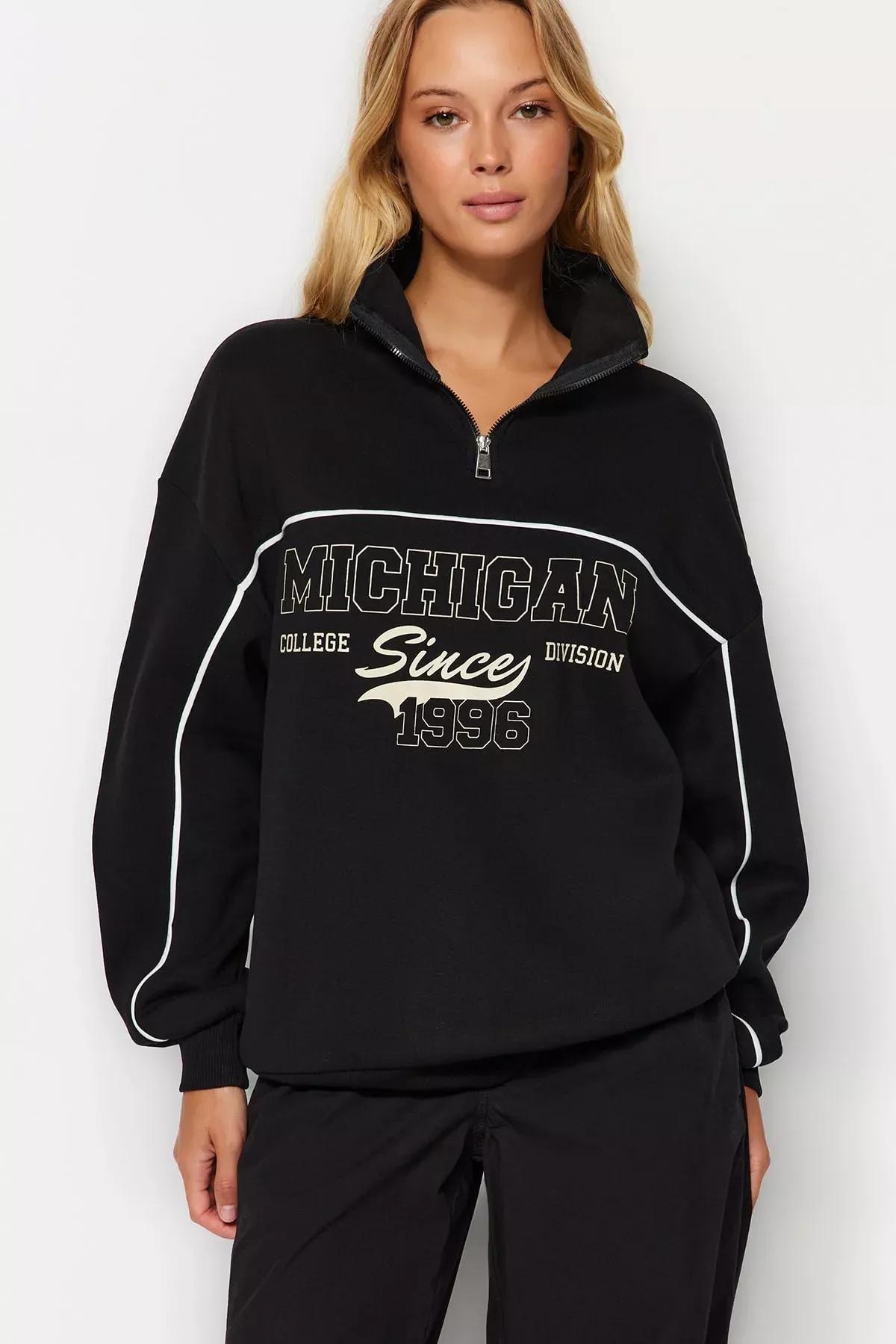 Black Printed Oversized Fleece Knitted Sweatshirt, BLACK, large image number 1