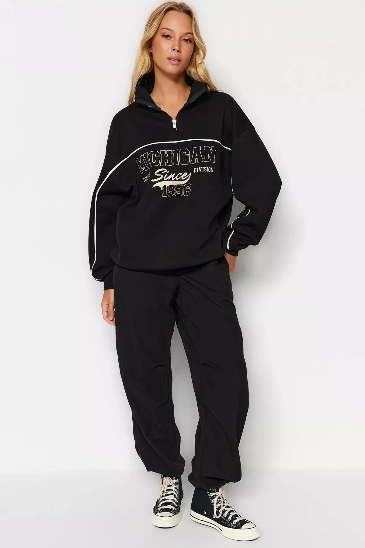 Black Printed Oversized Fleece Knitted Sweatshirt, BLACK, medium