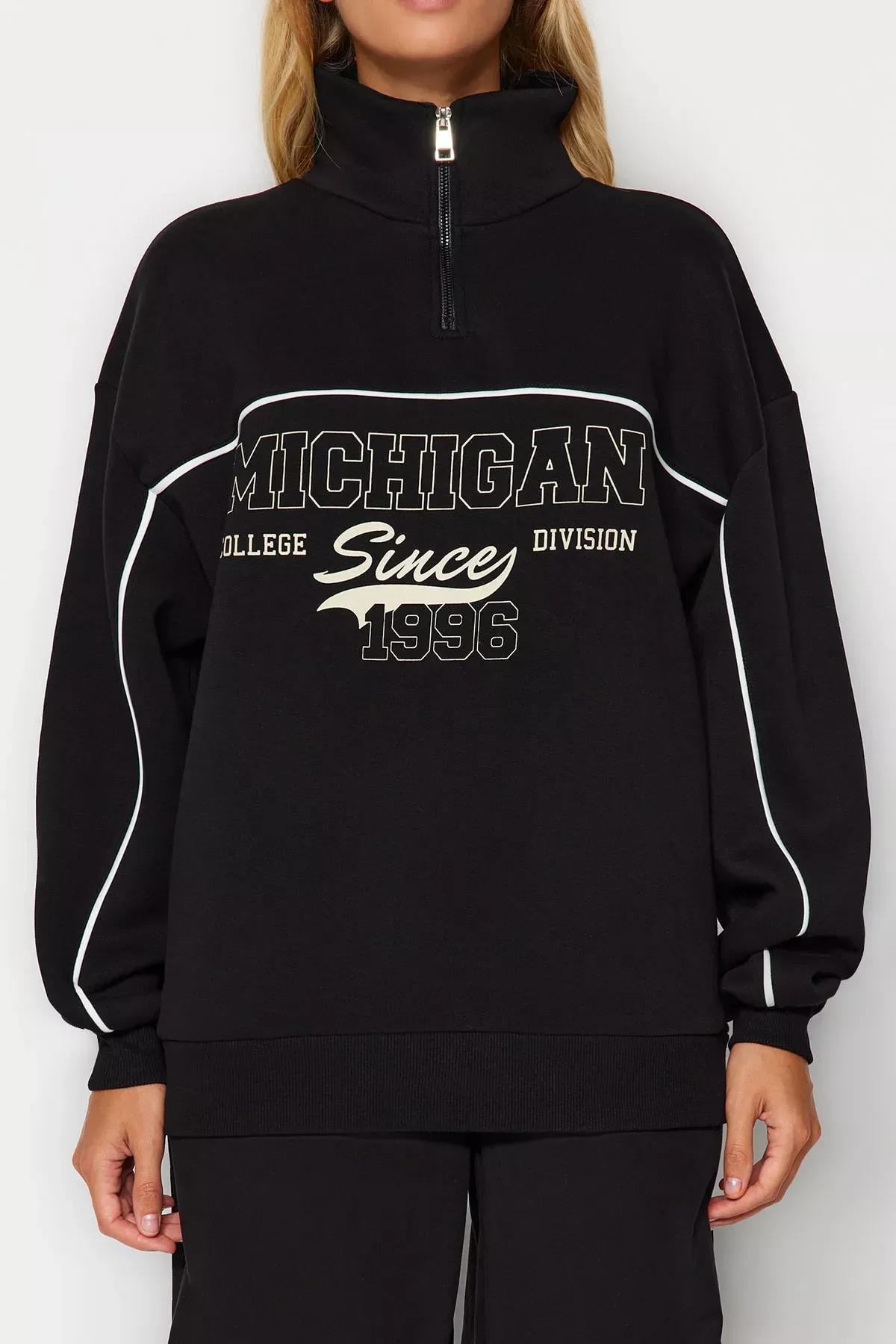 Black Printed Oversized Fleece Knitted Sweatshirt, BLACK, large image number 4