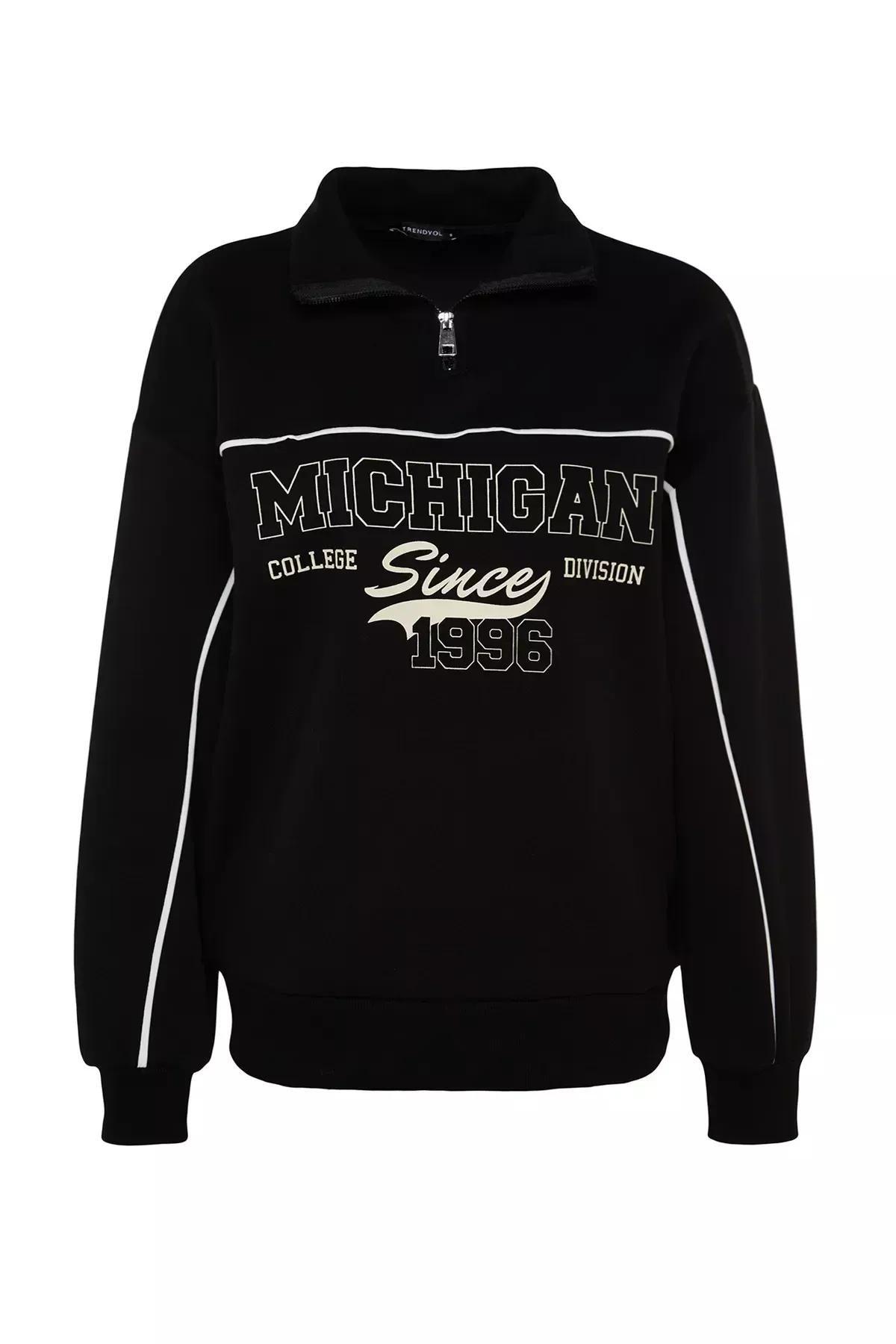 Black Printed Oversized Fleece Knitted Sweatshirt, BLACK, large image number 5