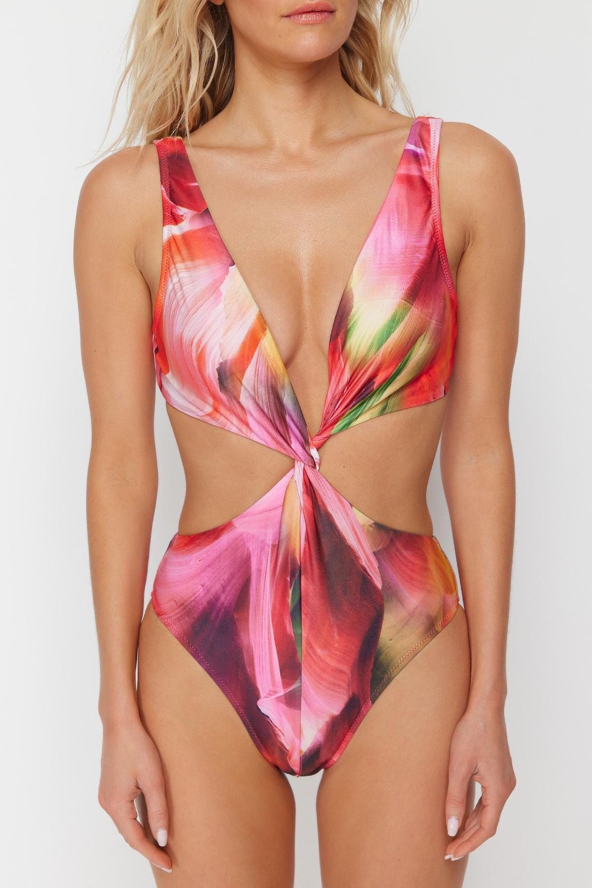 Multicolour Patterned Knotted Swimsuit, , large image number 3