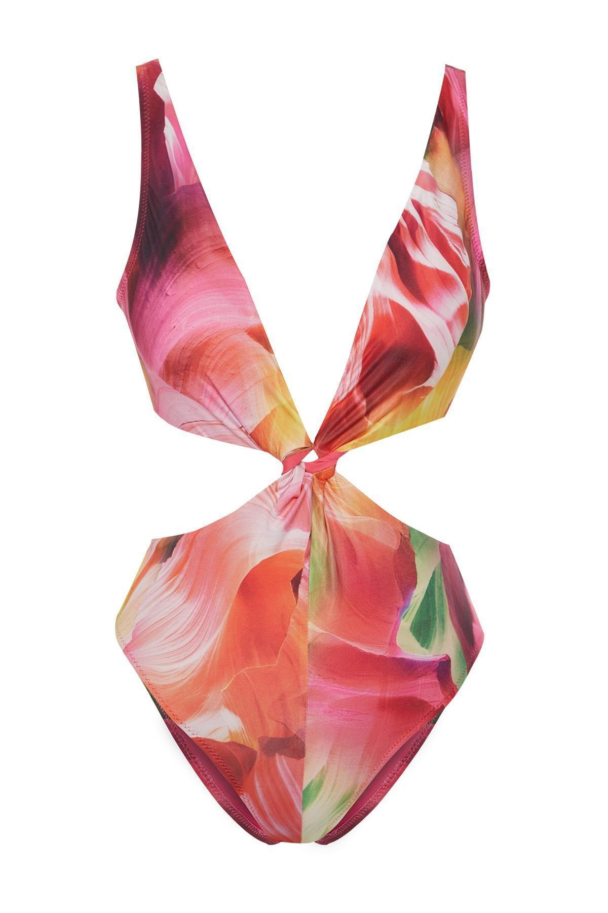 Multicolour Patterned Knotted Swimsuit, , large image number 7