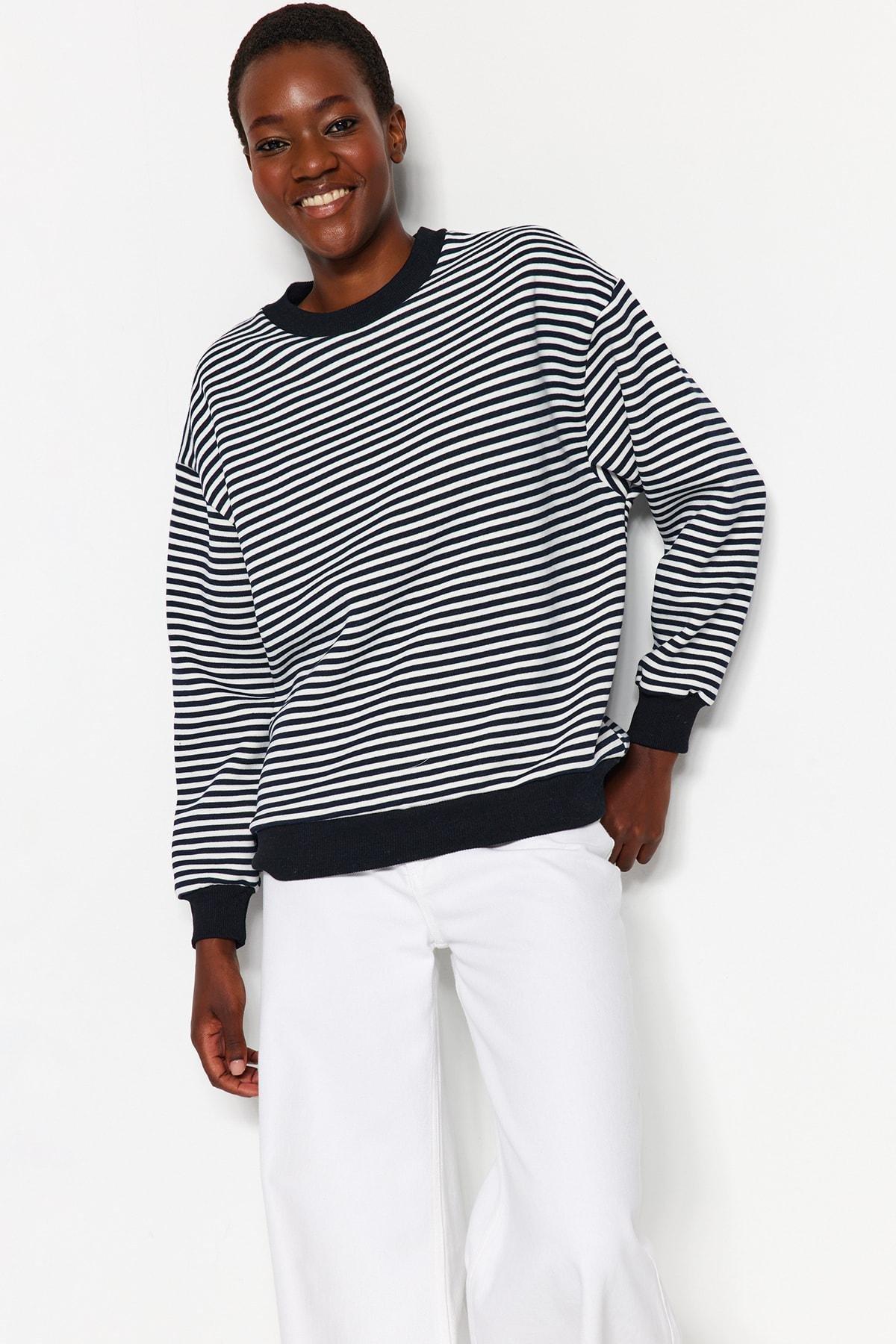 Trendyol - Navy Crew Neck Striped Knitted Sweatshirt