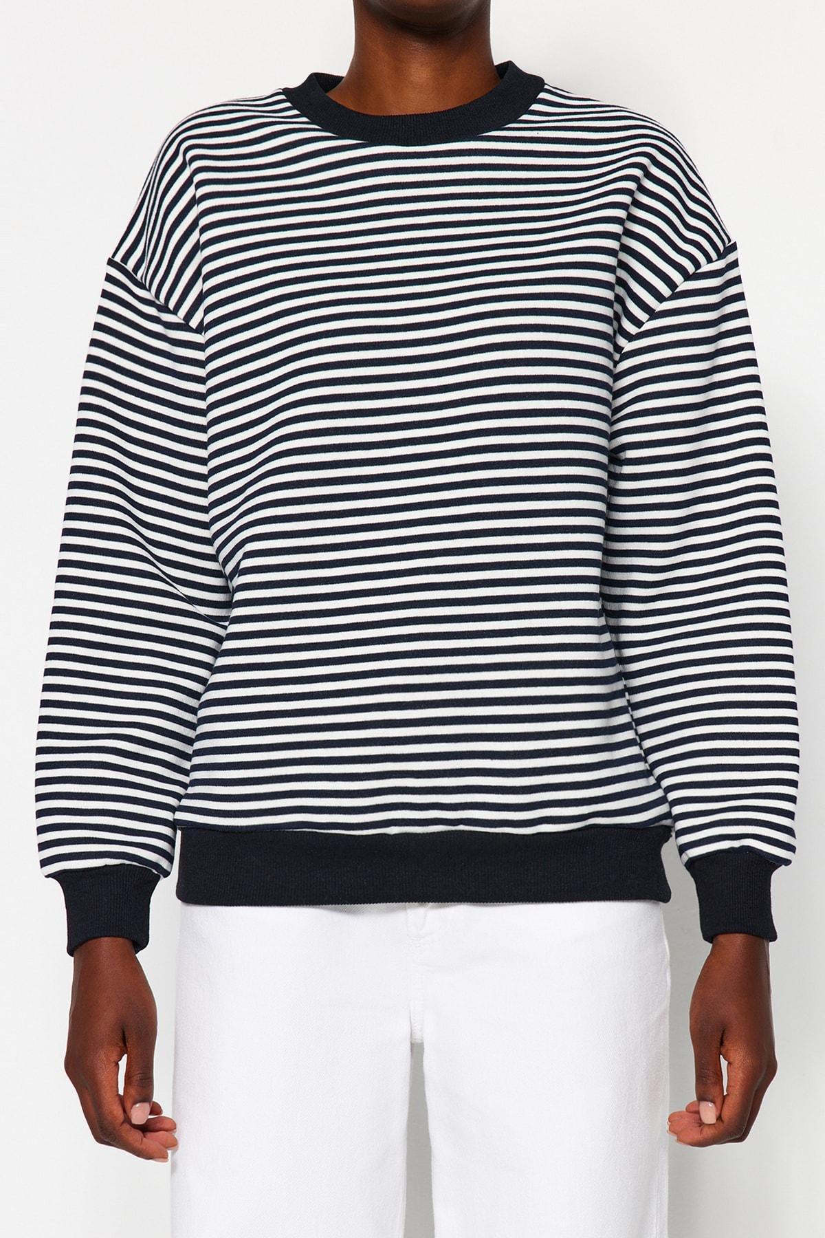 Trendyol - Navy Crew Neck Striped Knitted Sweatshirt