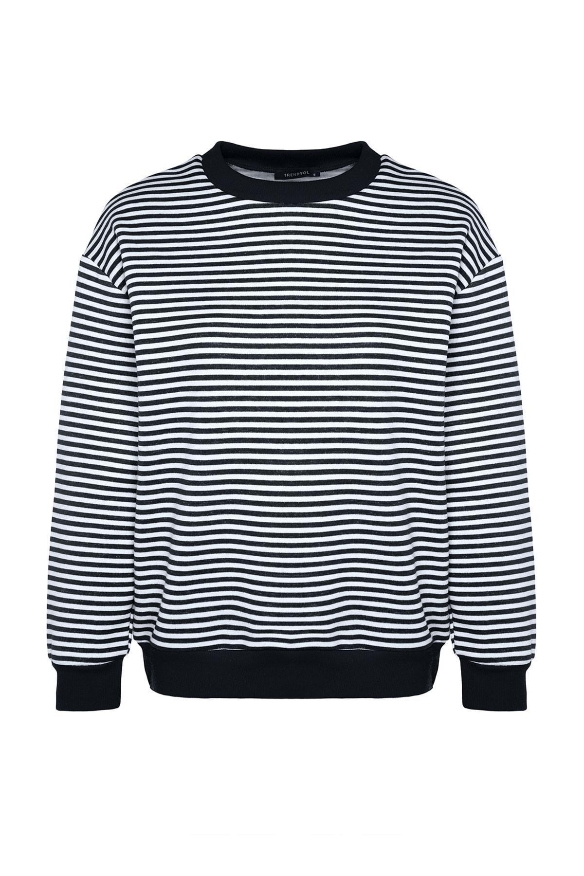 Trendyol - Navy Crew Neck Striped Knitted Sweatshirt