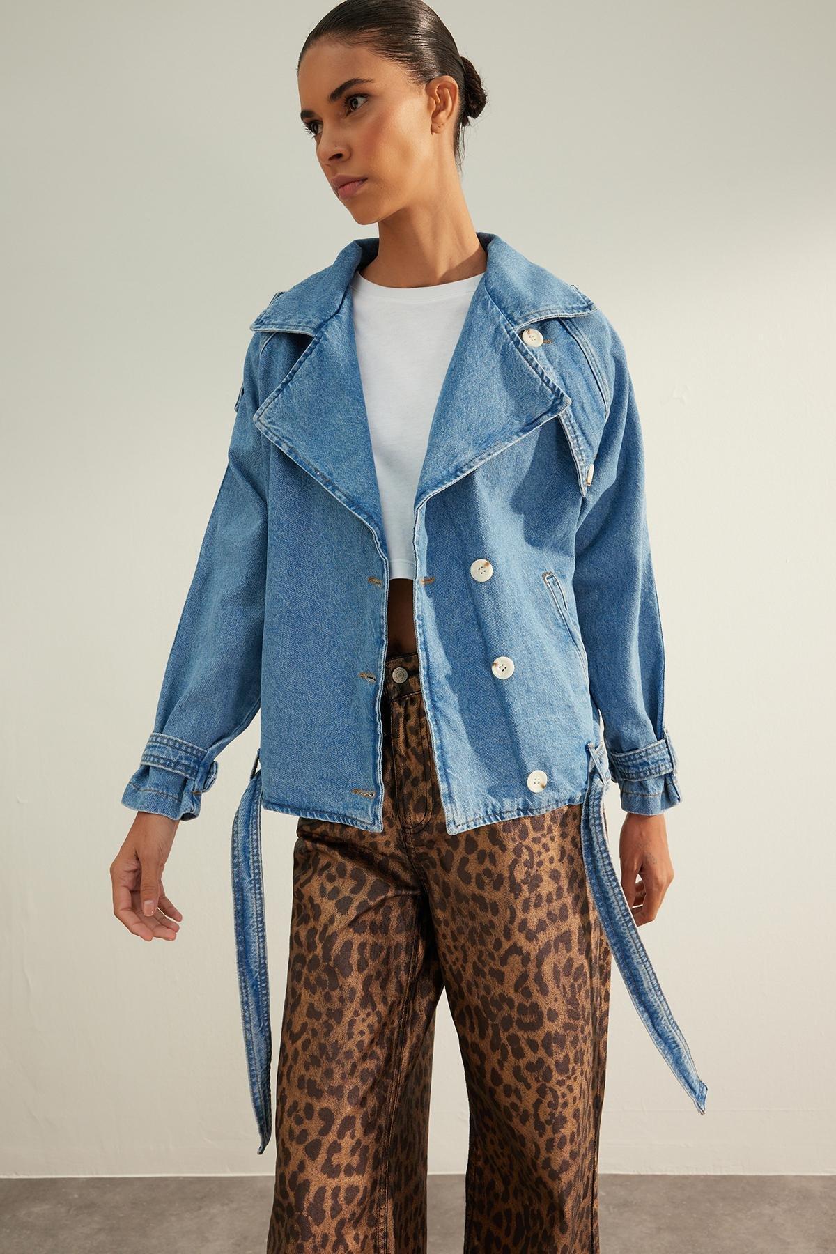 Blue Oversize Detailed Biker Denim Jacket, Blue, large image number 0