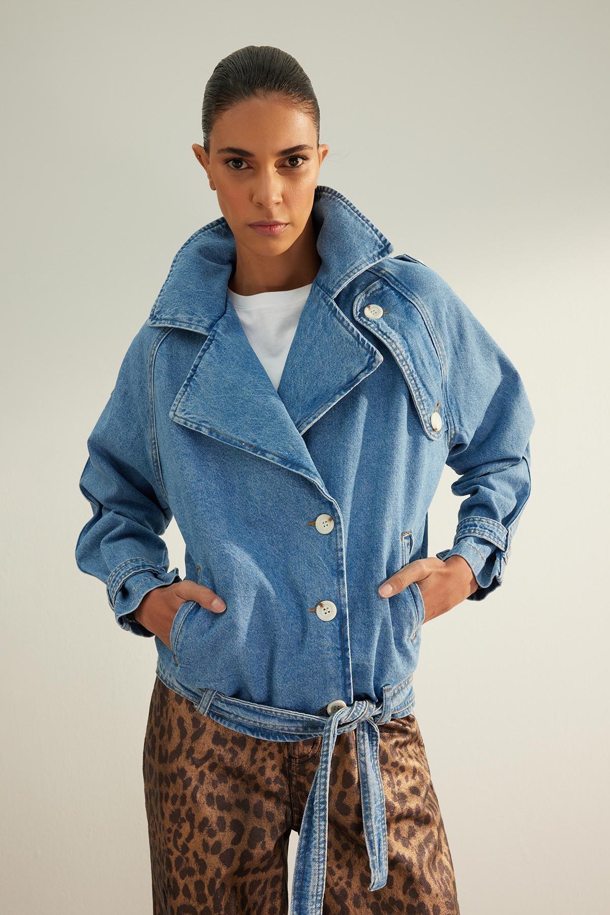 Blue Oversize Detailed Biker Denim Jacket, Blue, large image number 1