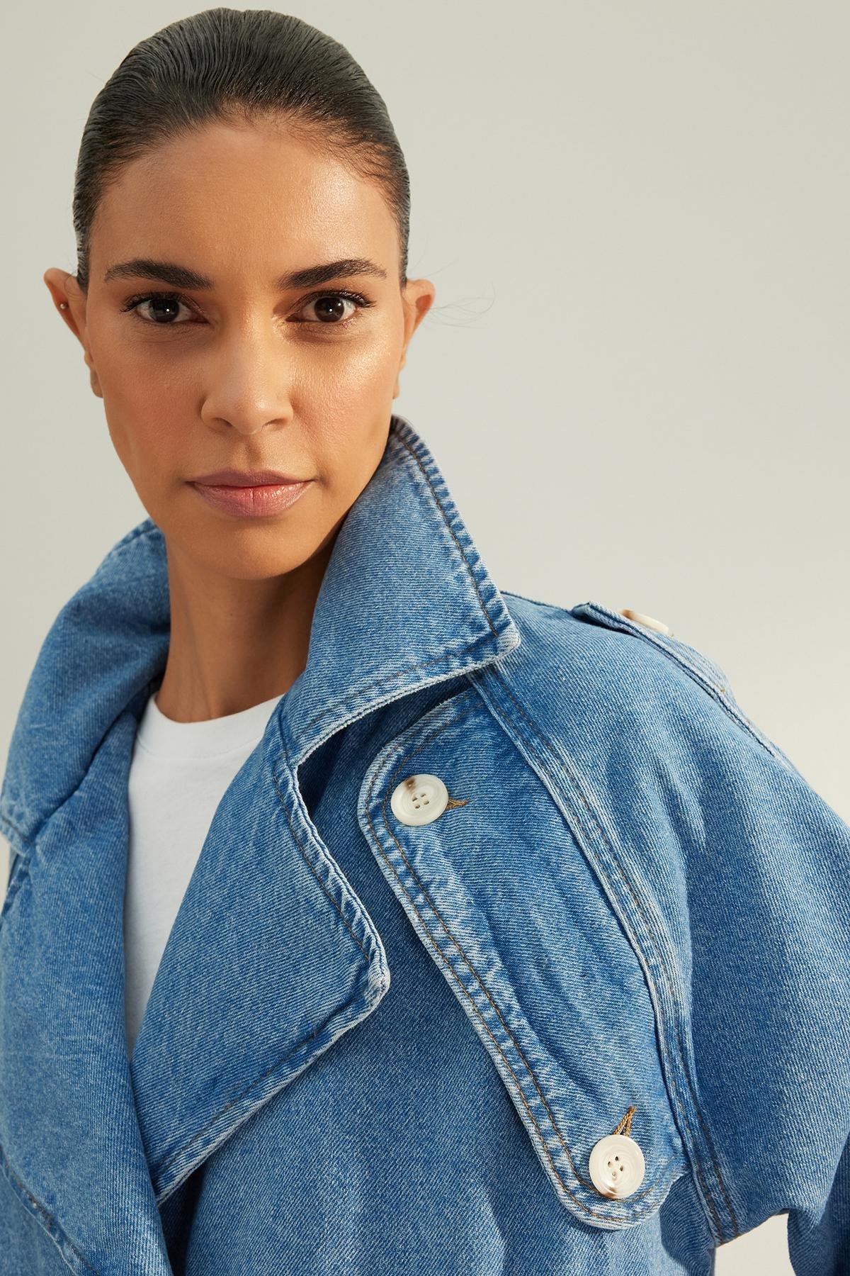 Blue Oversize Detailed Biker Denim Jacket, Blue, large image number 2