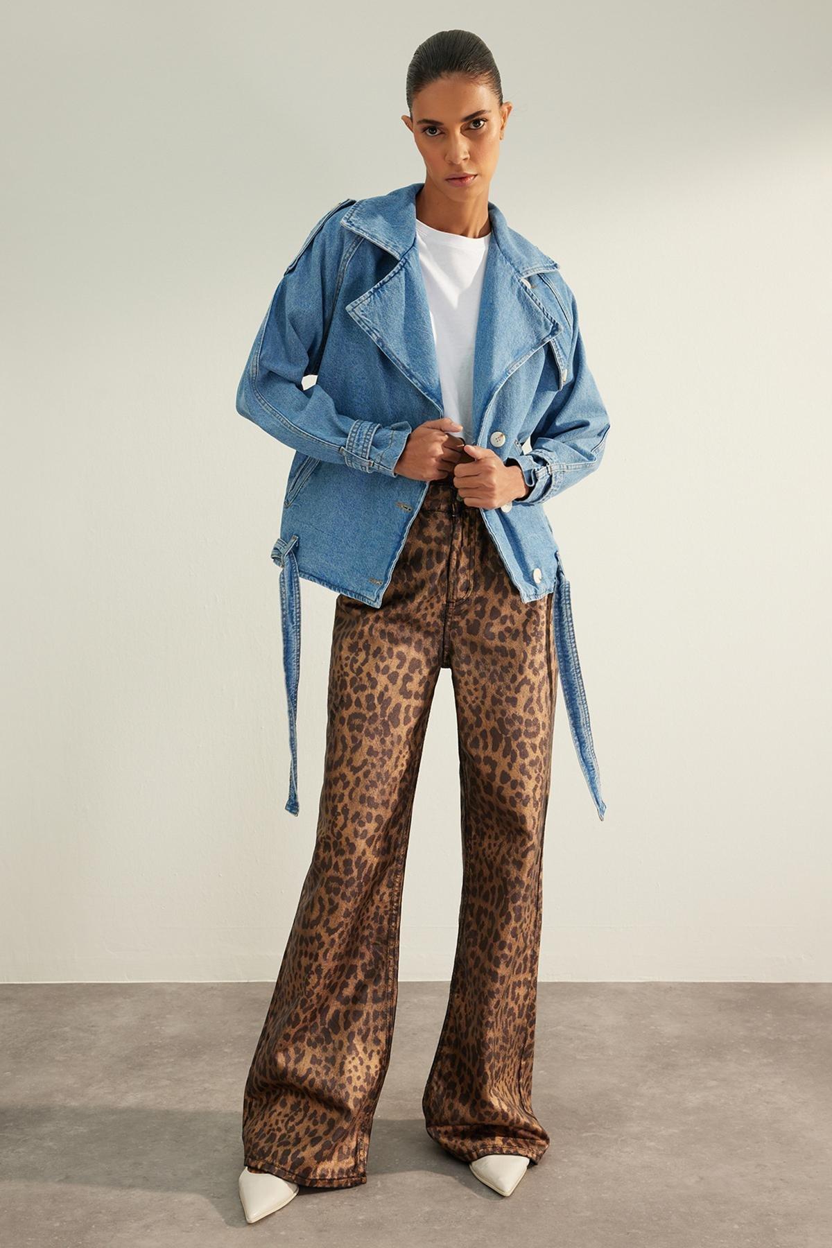 Blue Oversize Detailed Biker Denim Jacket, Blue, large image number 3