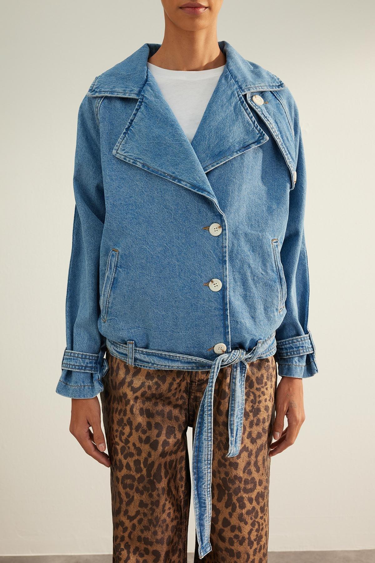 Blue Oversize Detailed Biker Denim Jacket, Blue, large image number 4