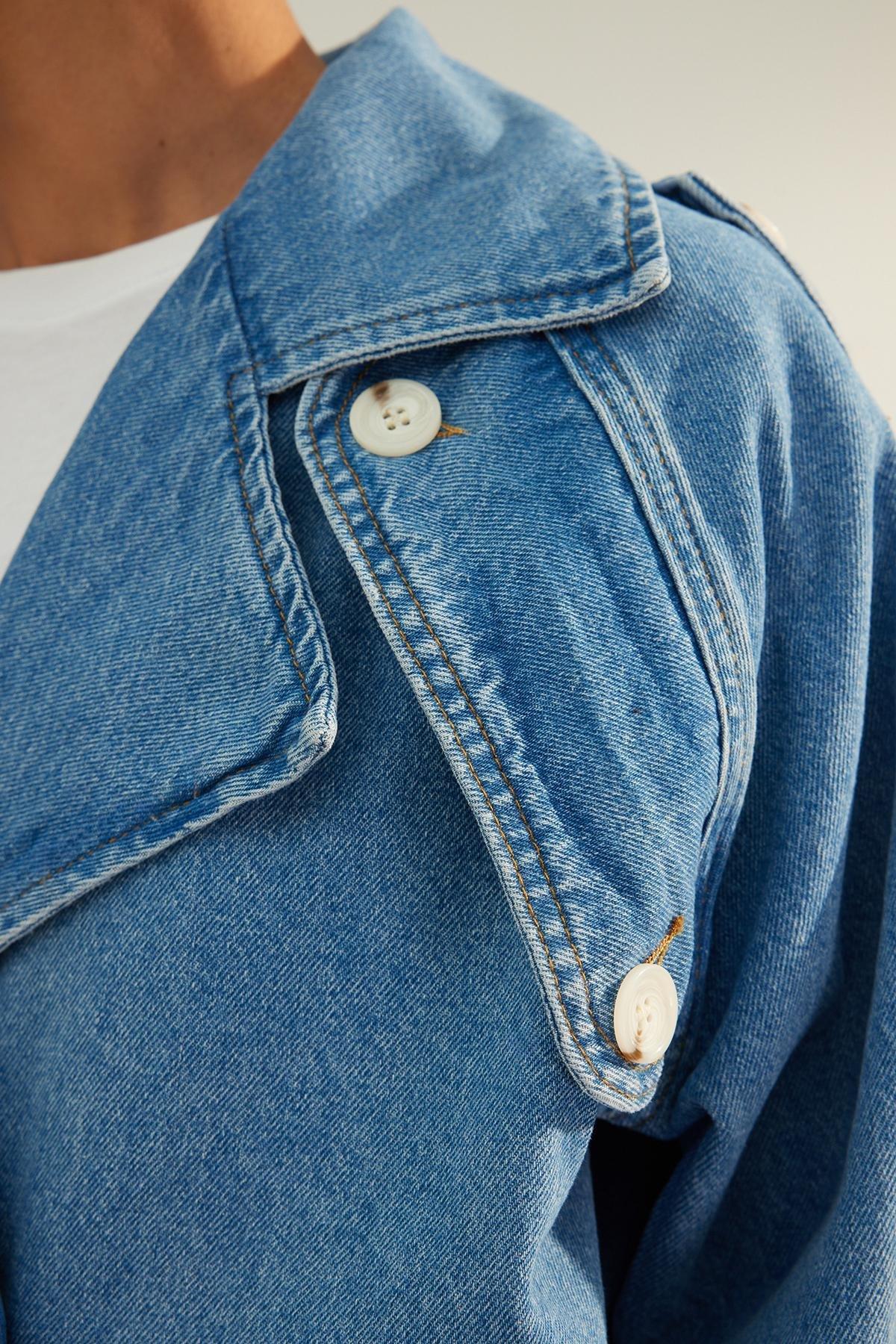Blue Oversize Detailed Biker Denim Jacket, Blue, large image number 5