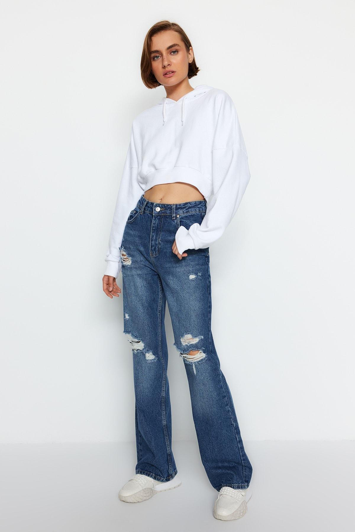 Blue Ripped High Waisted Wide Leg Jeans, , large image number 0