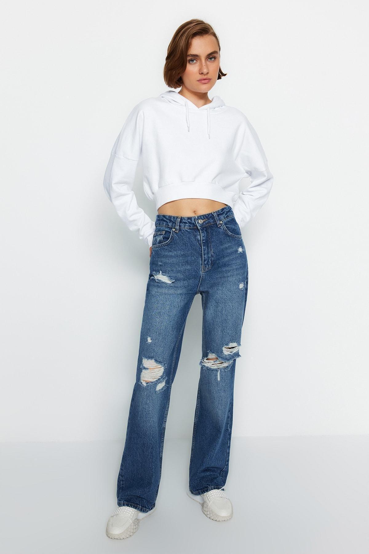 Blue Ripped High Waisted Wide Leg Jeans, , large image number 1