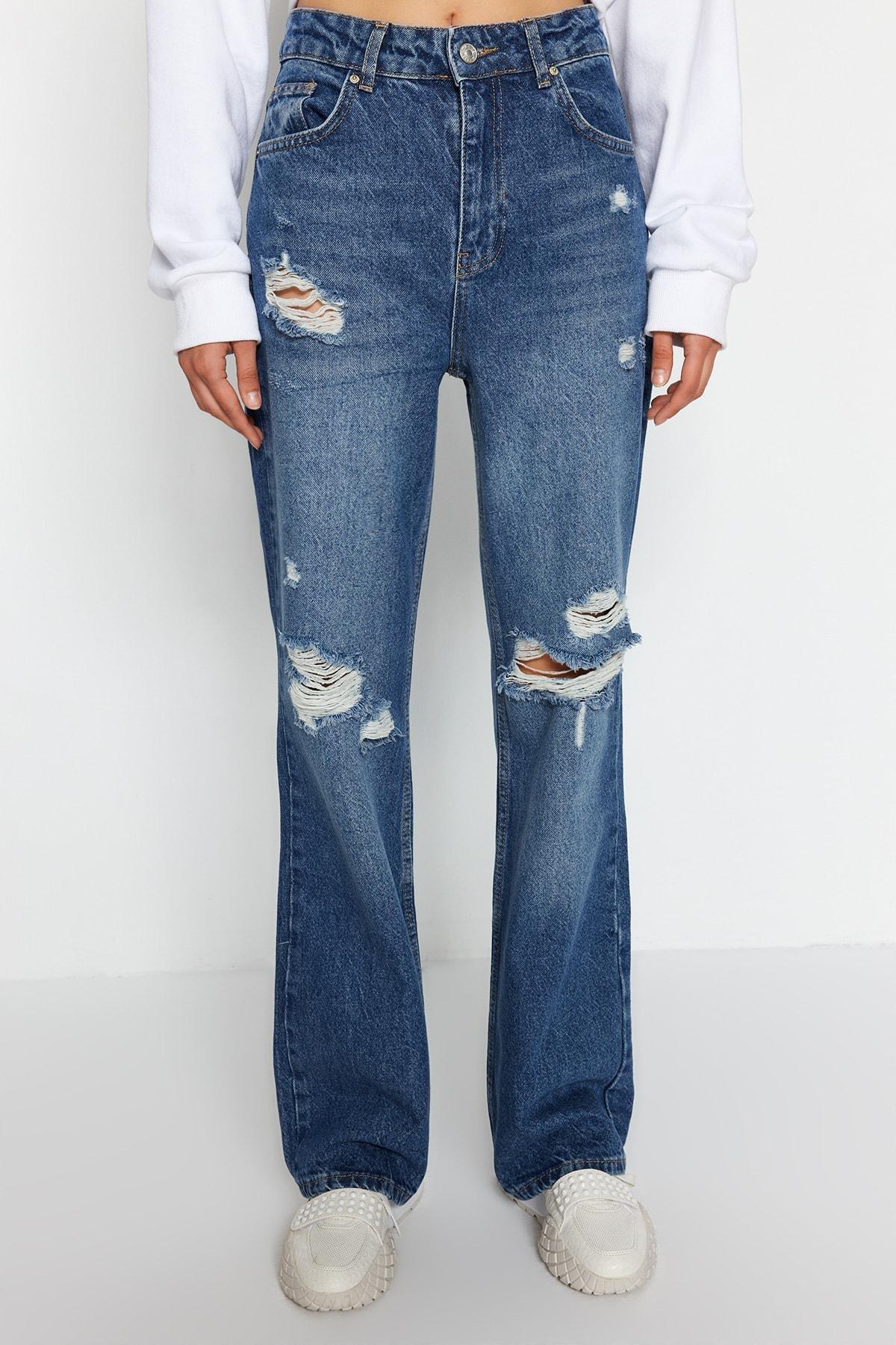 Blue Ripped High Waisted Wide Leg Jeans, , large image number 2