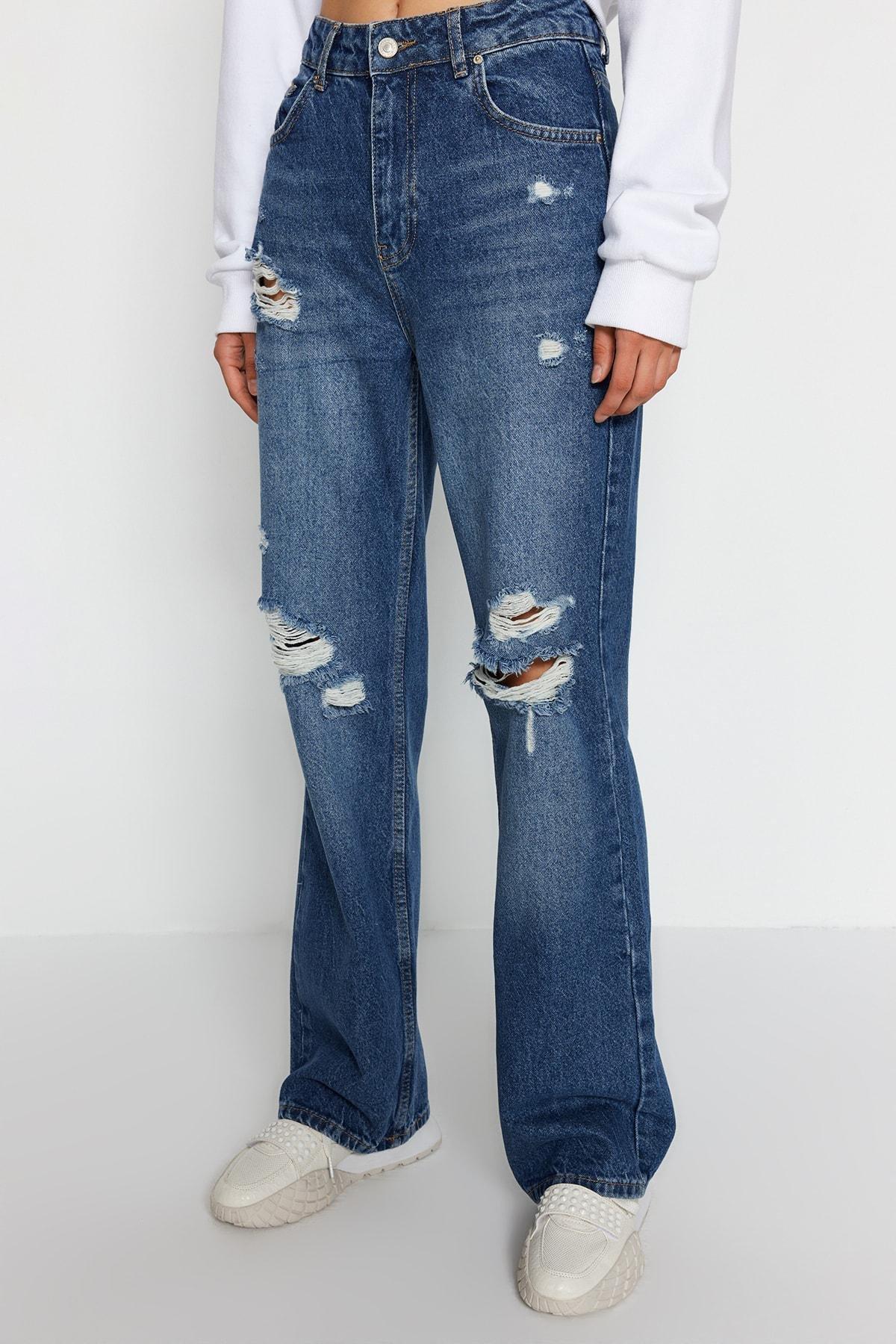 Blue Ripped High Waisted Wide Leg Jeans, , large image number 3