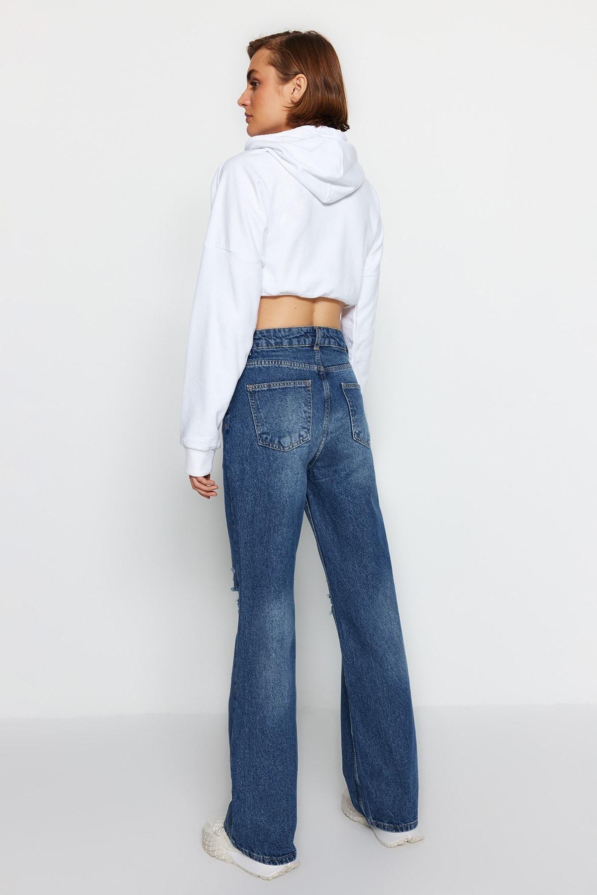 Blue Ripped High Waisted Wide Leg Jeans, , large image number 5