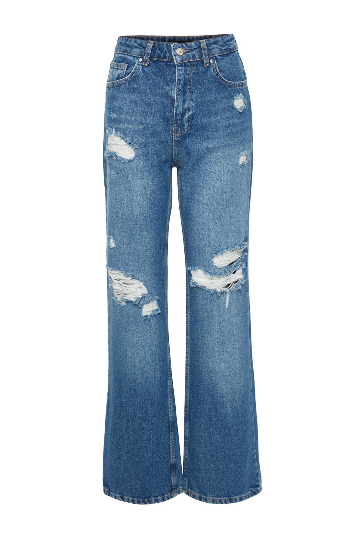 Blue Ripped High Waisted Wide Leg Jeans, , large image number 6