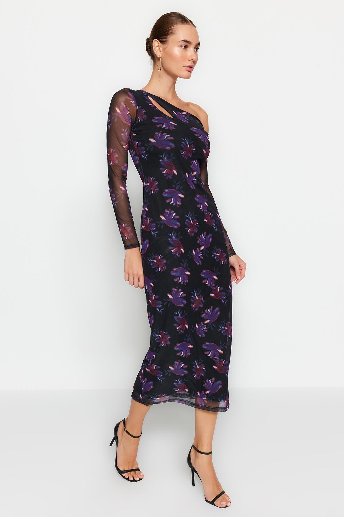 Black Printed Asymmetrical Collared Midi Dress, , large image number 0