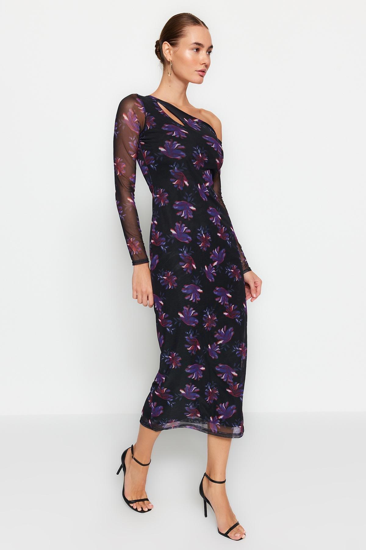 Trendyol - Black Printed Asymmetrical Collared Midi Dress