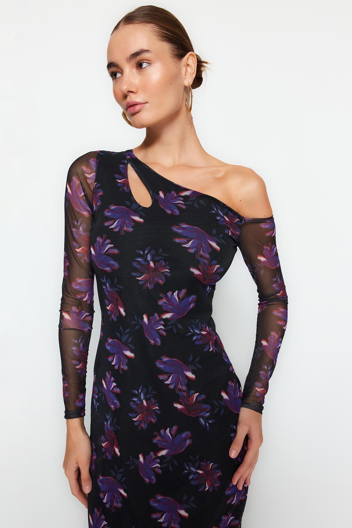 Black Printed Asymmetrical Collared Midi Dress, , large image number 1