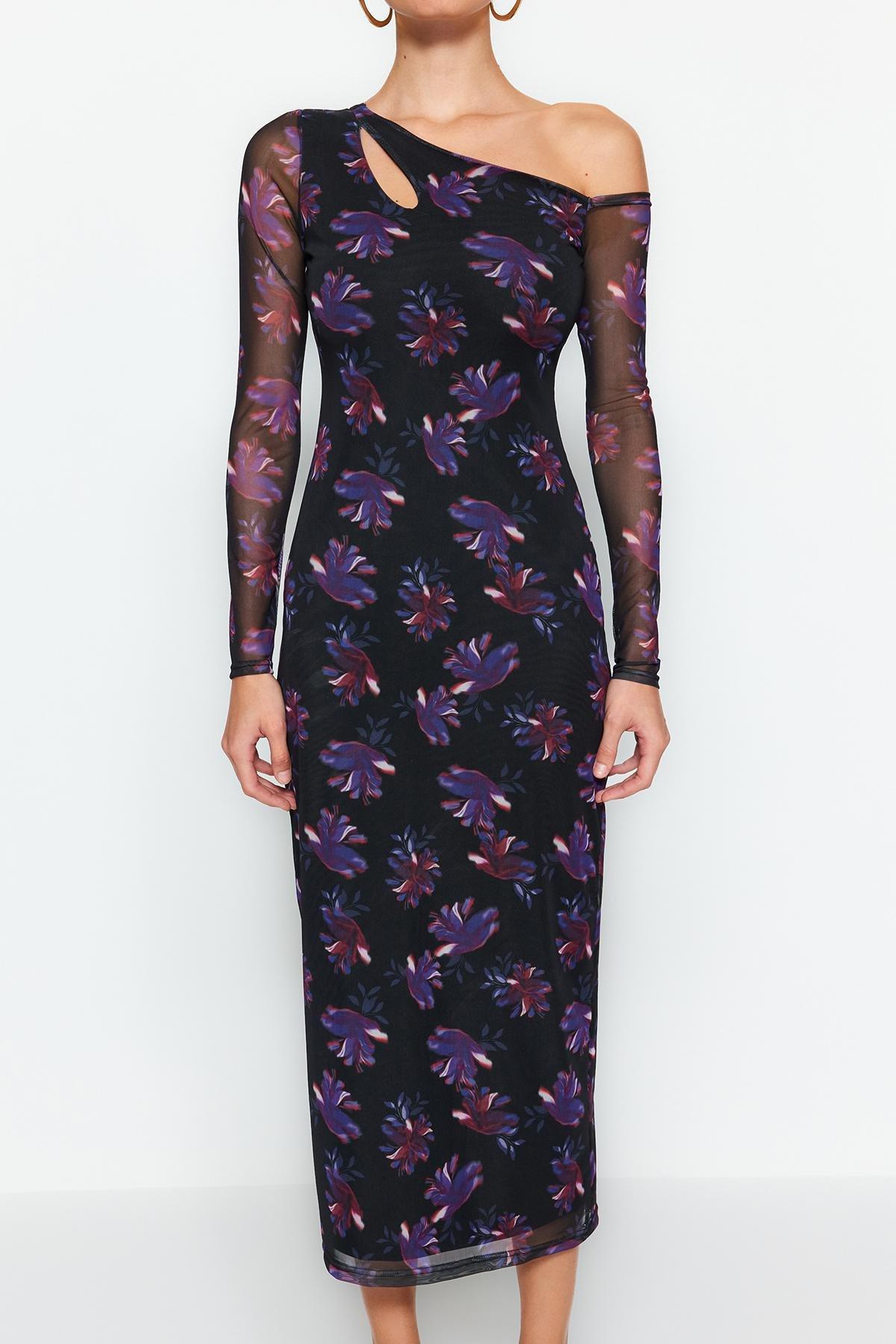Black Printed Asymmetrical Collared Midi Dress, , large image number 2