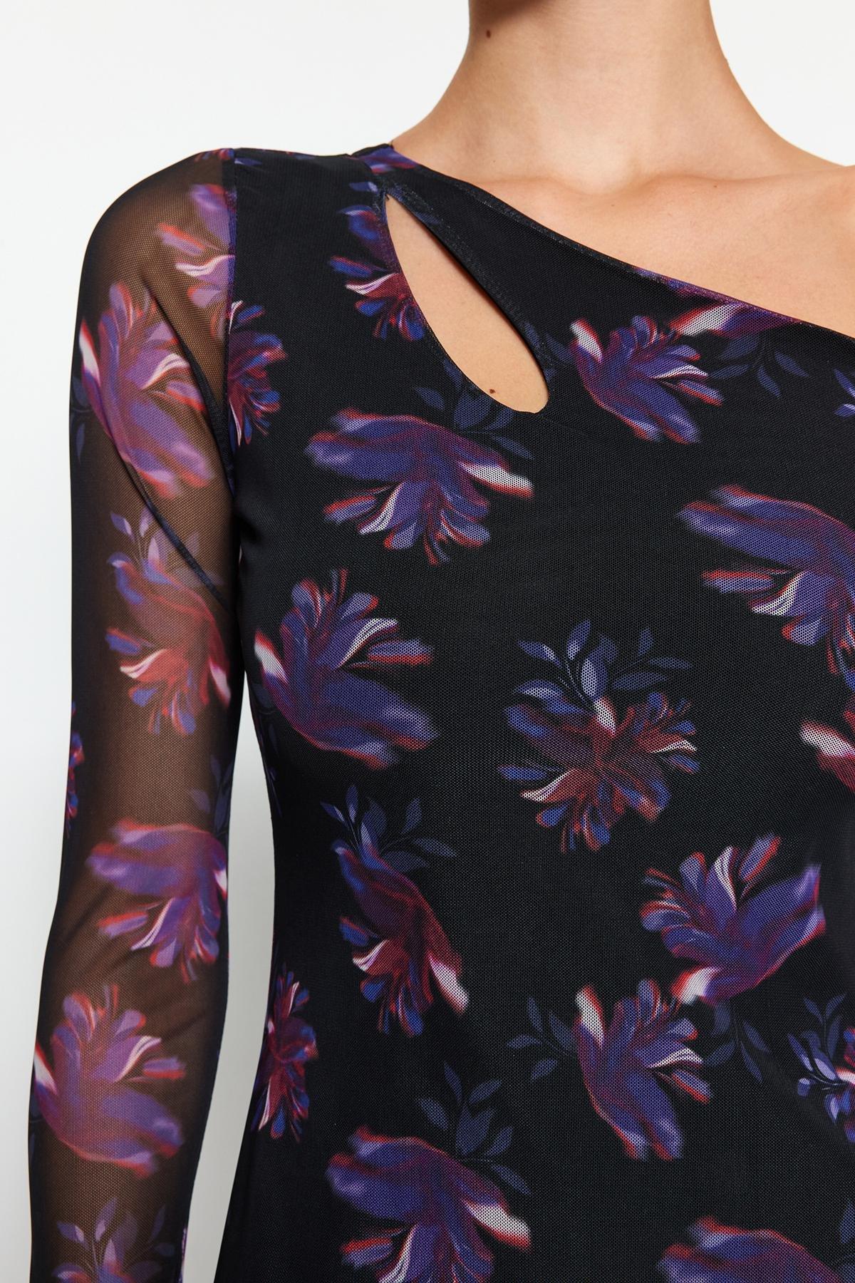 Black Printed Asymmetrical Collared Midi Dress, , large image number 3