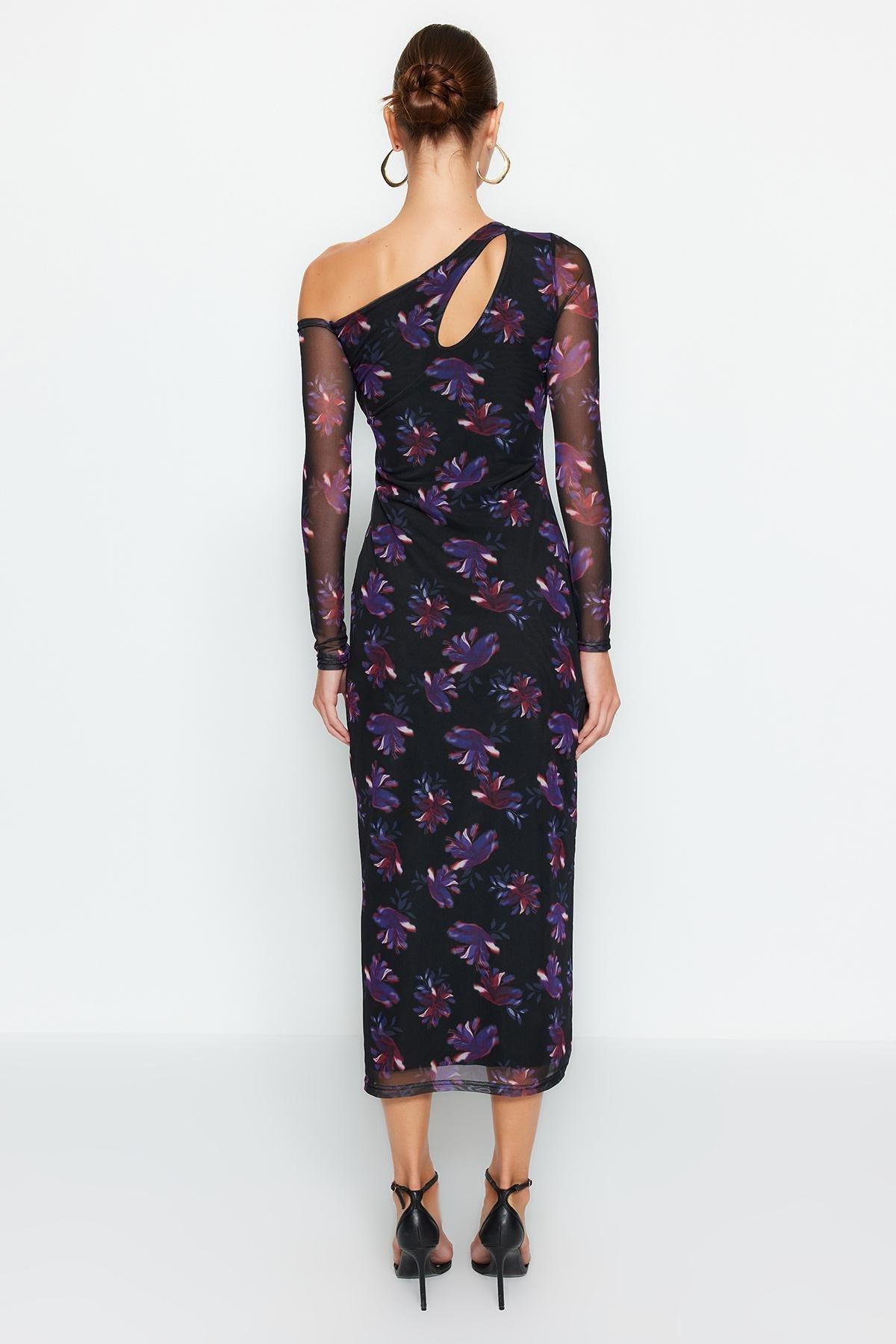 Black Printed Asymmetrical Collared Midi Dress, , large image number 4
