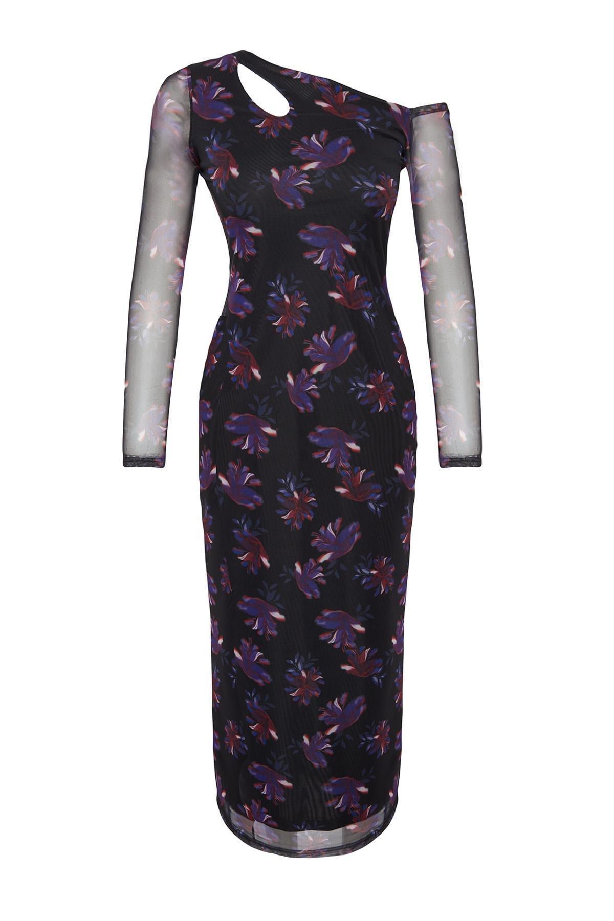Black Printed Asymmetrical Collared Midi Dress, , large image number 5
