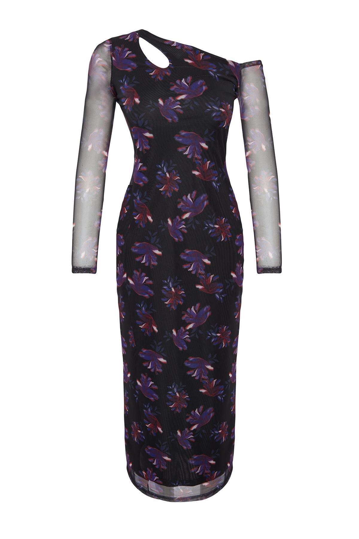 Trendyol - Black Printed Asymmetrical Collared Midi Dress