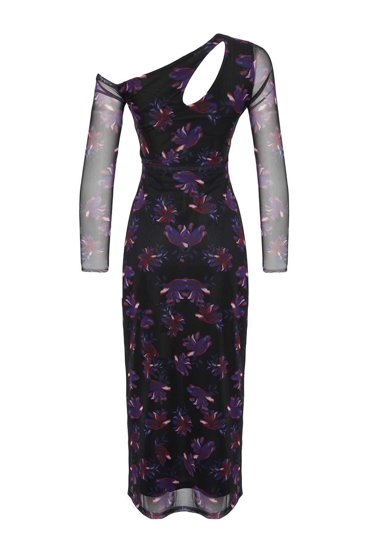 Black Printed Asymmetrical Collared Midi Dress, , large image number 6