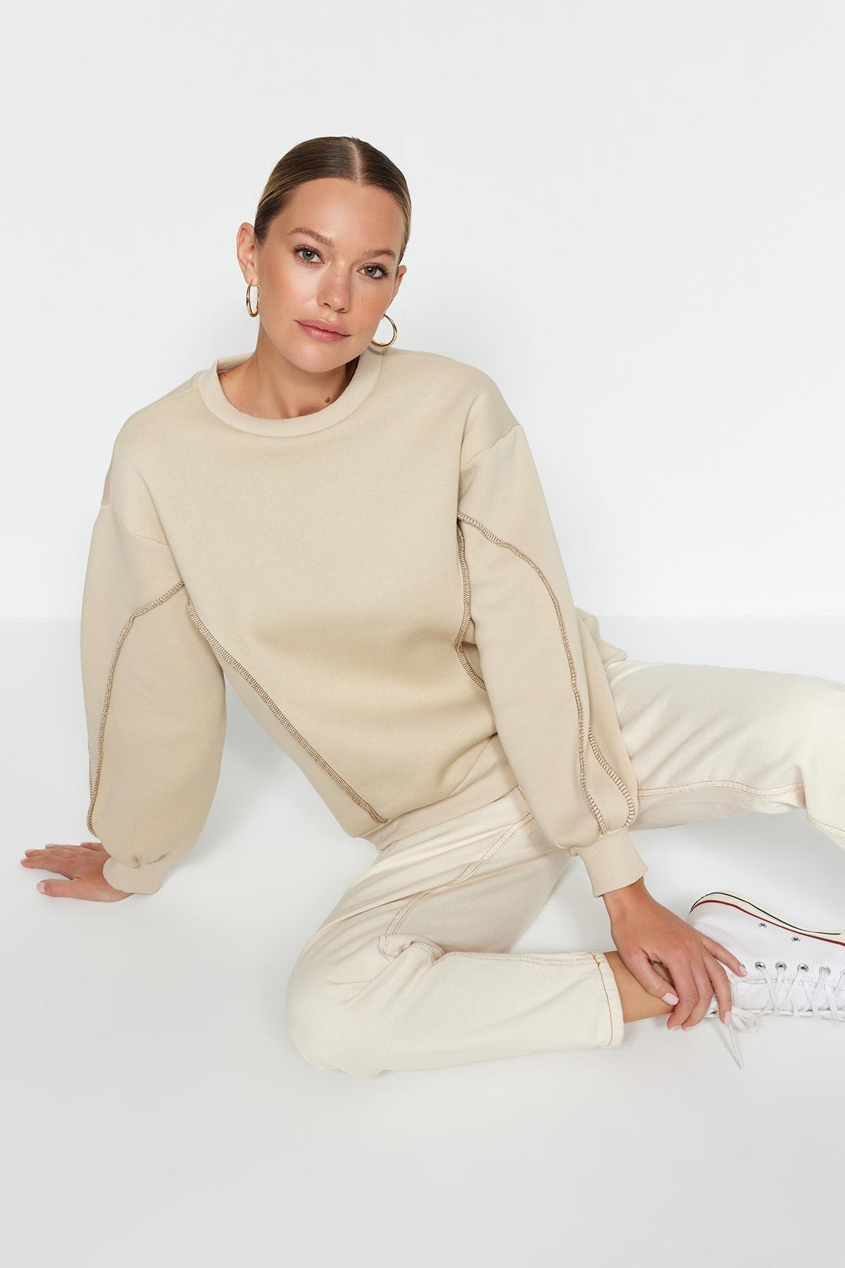 Beige Crew Neck Knitted Sweatshirt, STONE, large image number 0