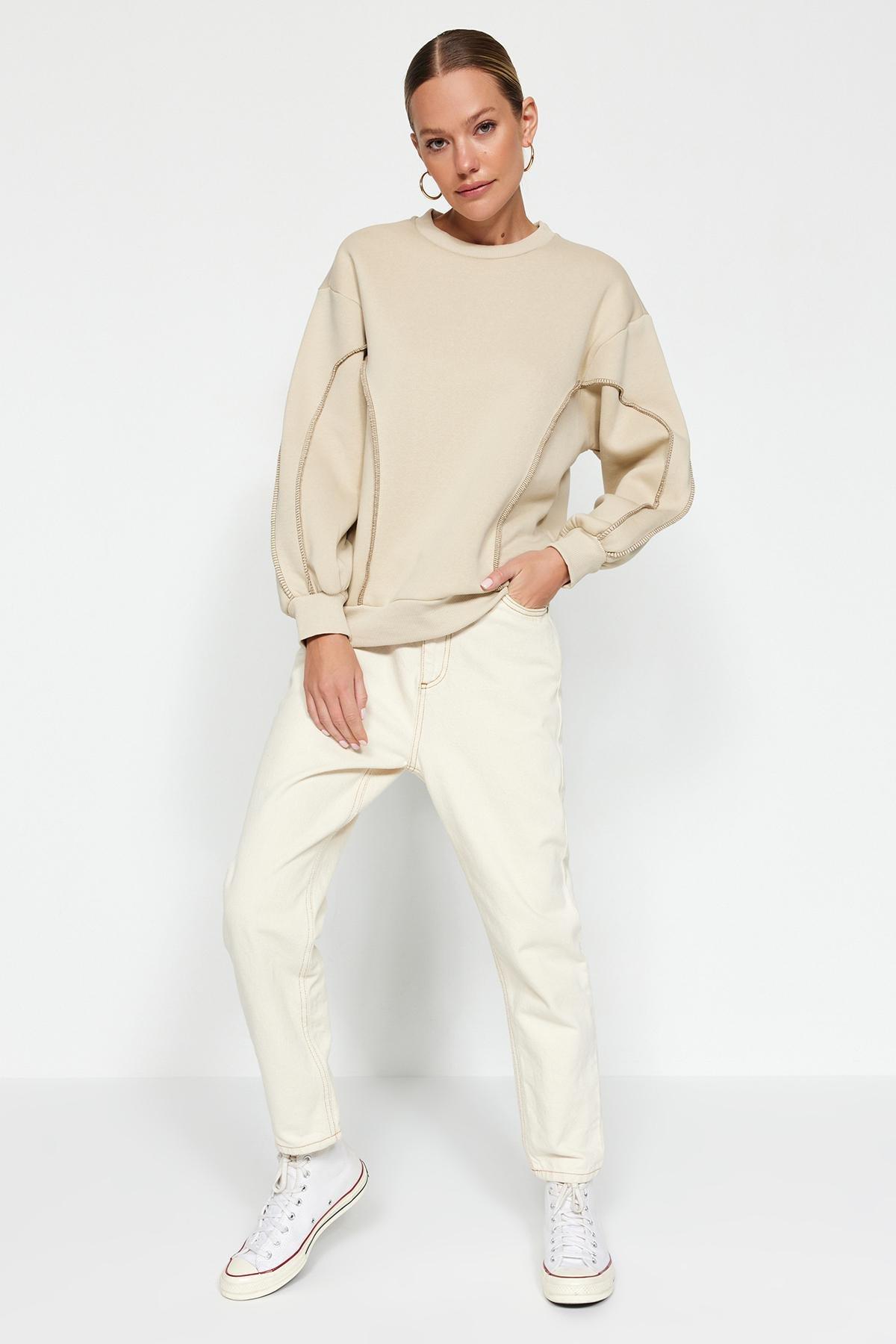 Beige Crew Neck Knitted Sweatshirt, STONE, large image number 1