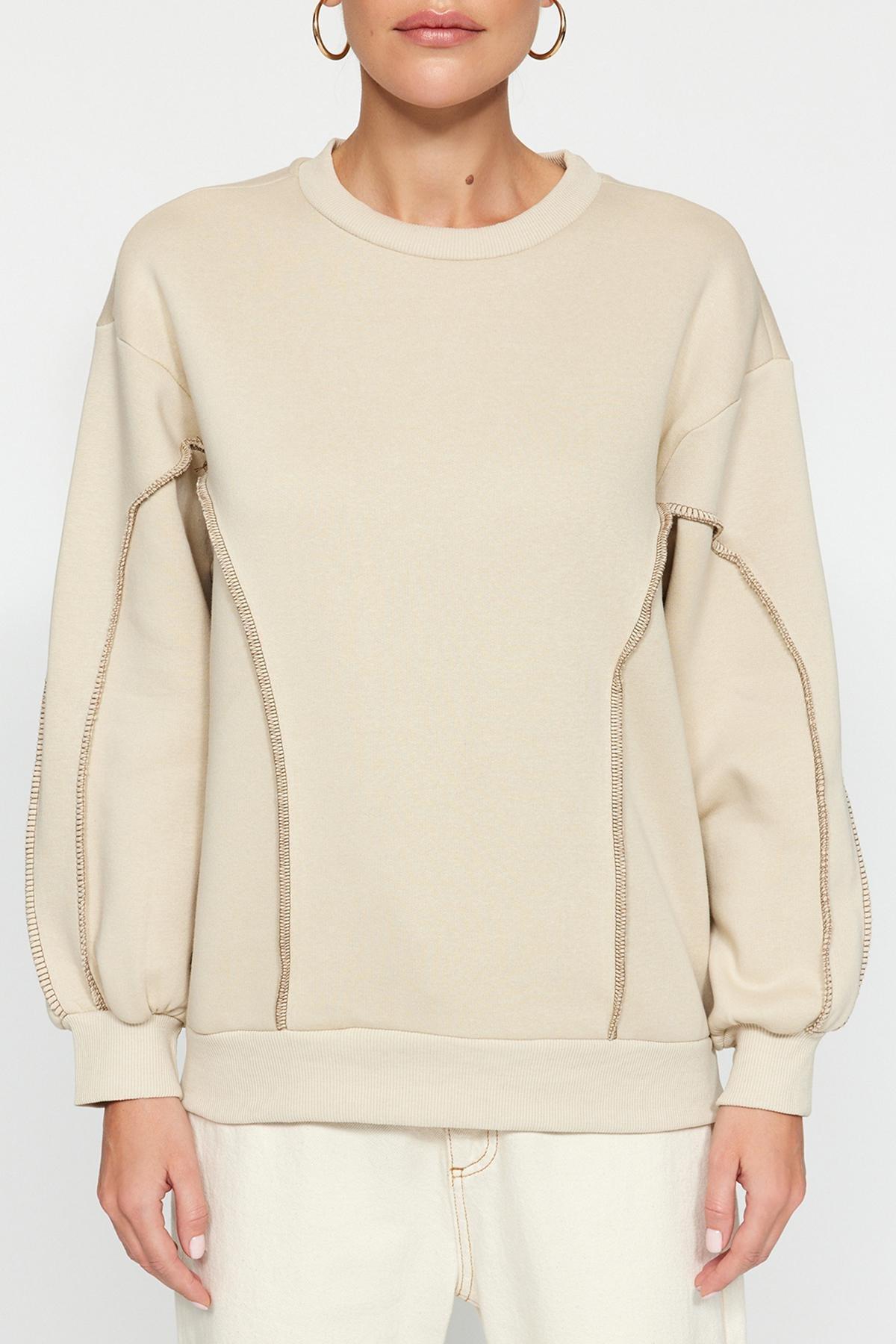 Beige Crew Neck Knitted Sweatshirt, STONE, large image number 2