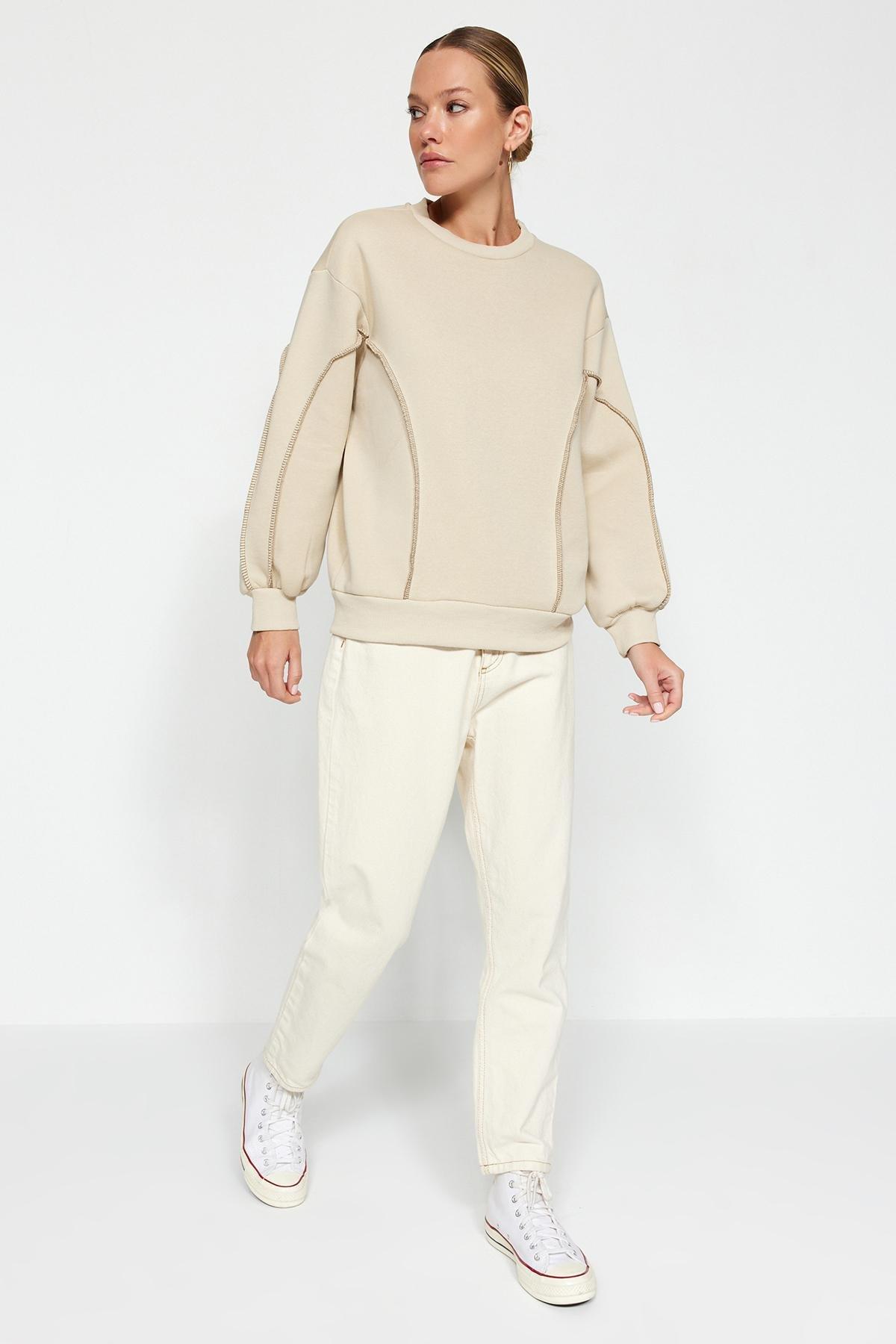 Beige Crew Neck Knitted Sweatshirt, STONE, large image number 3