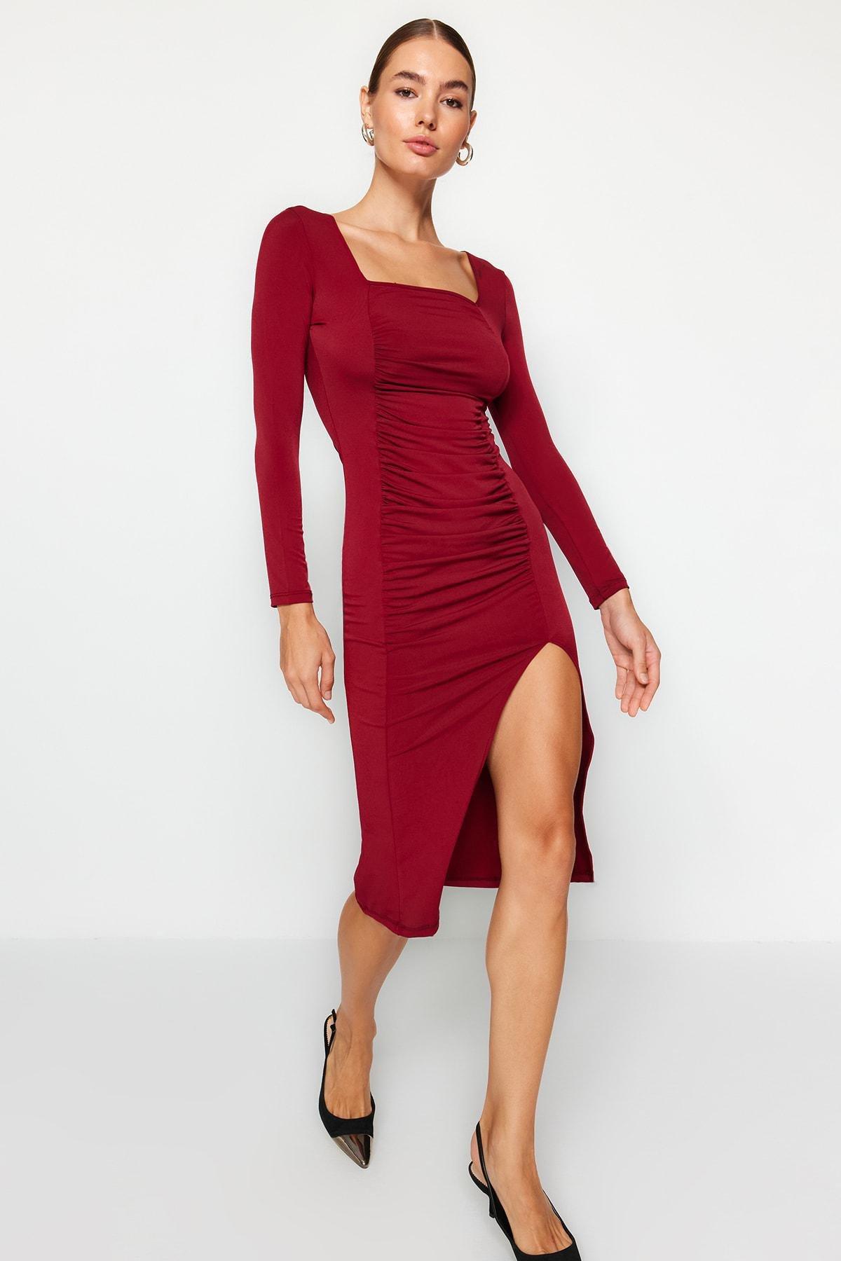 Trendyol - Red Square Neck Pleated Fitted Knitted Dress