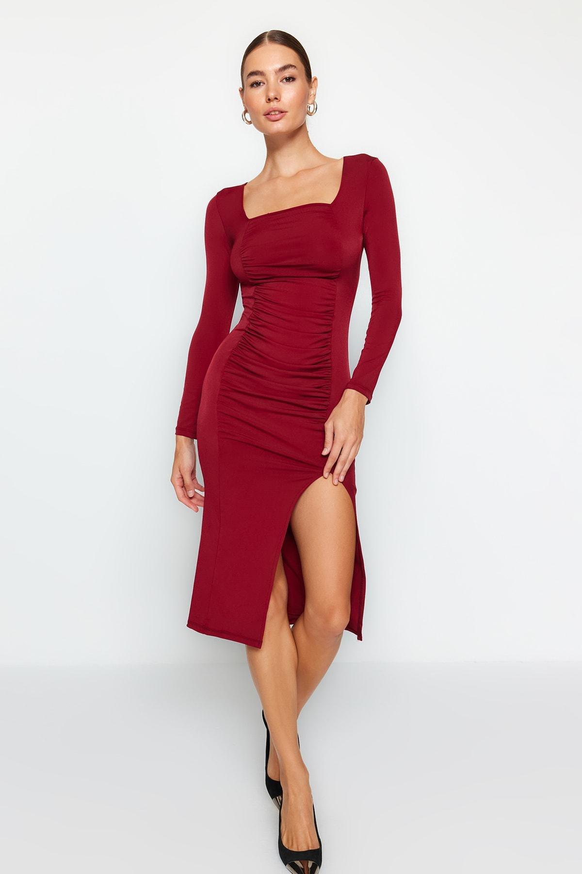 Trendyol - Red Square Neck Pleated Fitted Knitted Dress