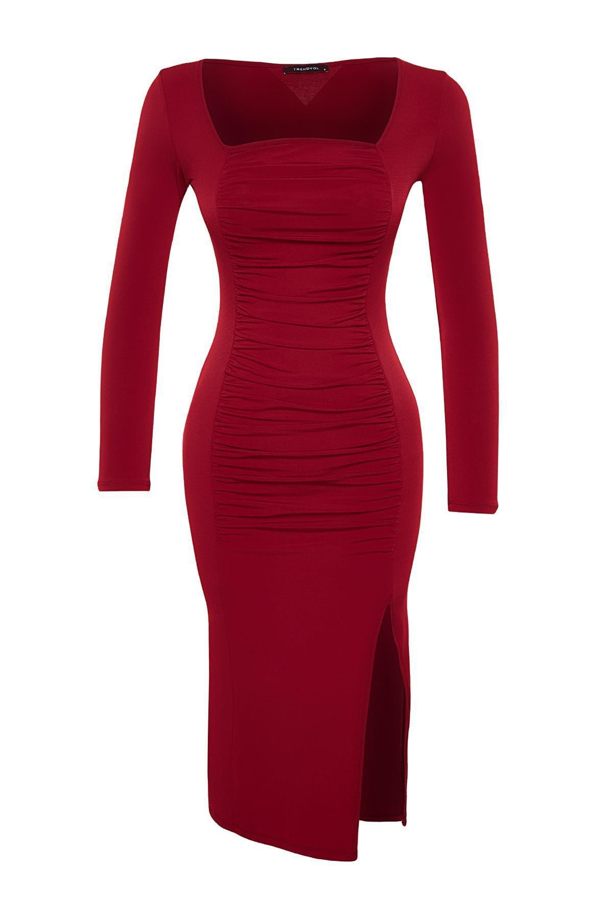 Trendyol - Red Square Neck Pleated Fitted Knitted Dress