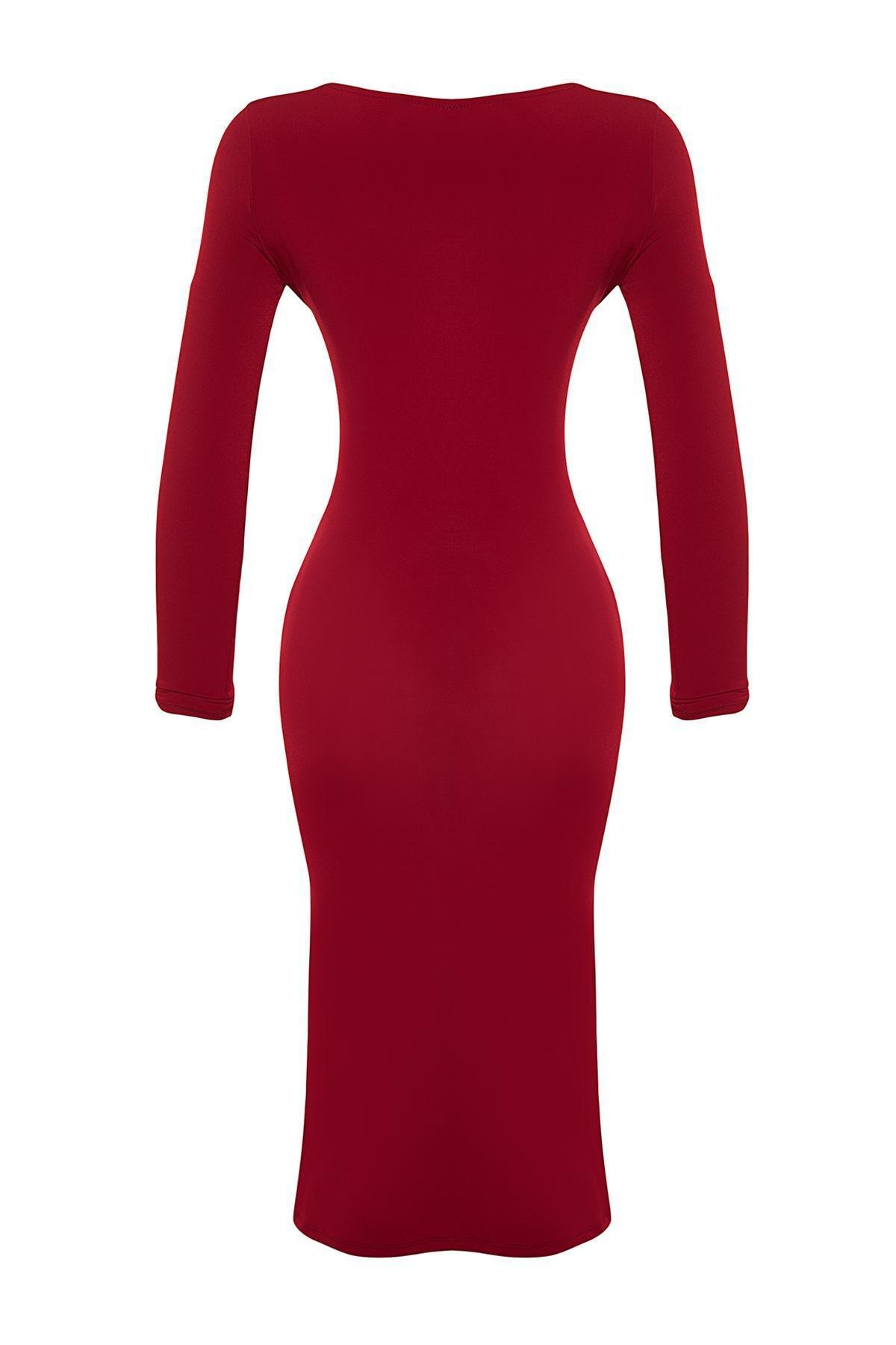 Trendyol - Red Square Neck Pleated Fitted Knitted Dress