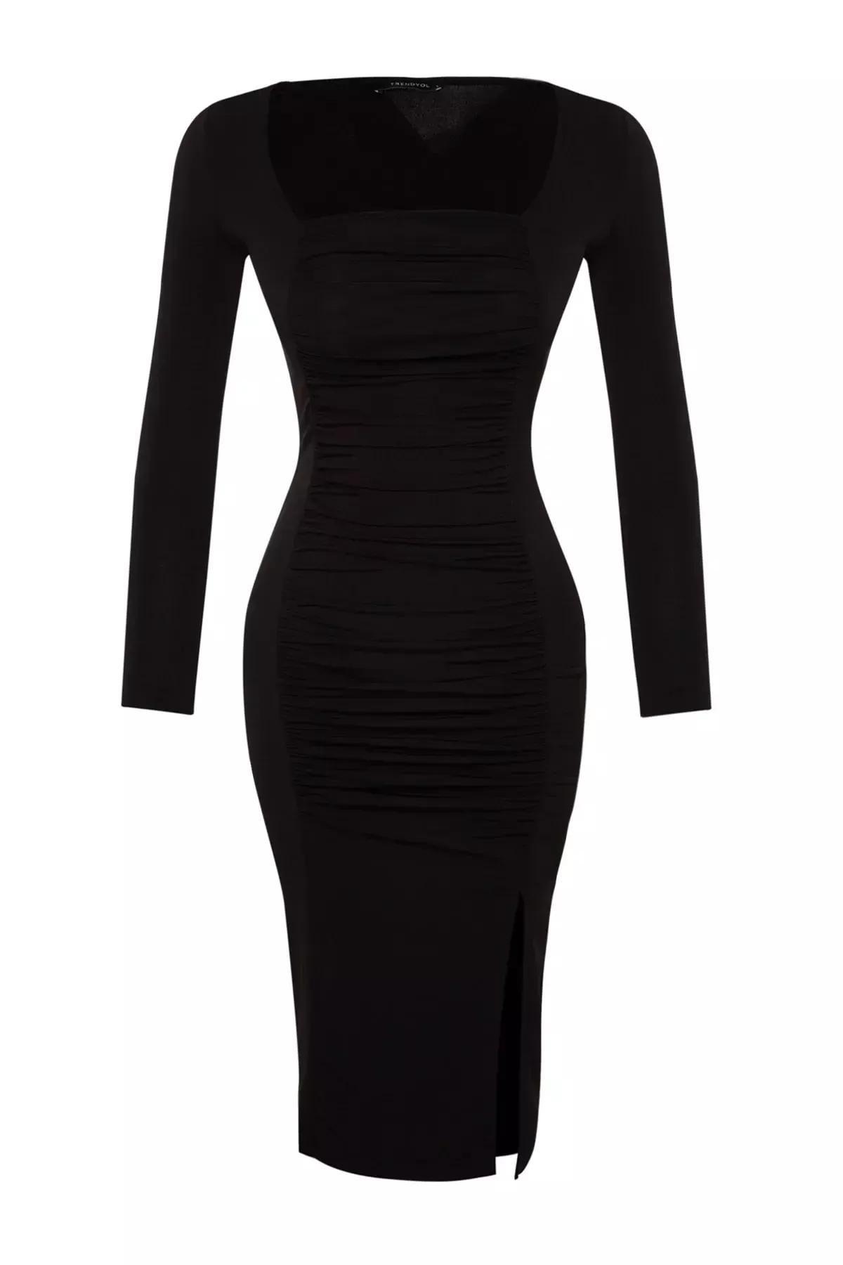 Black Square Neck Pleated Fitted Midi Dress, BLACK, large image number 5