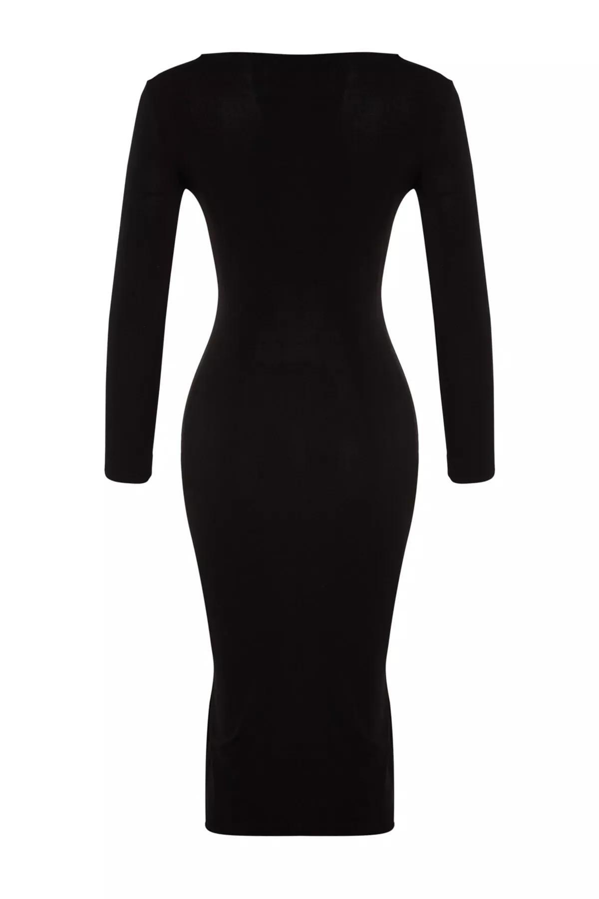 Black Square Neck Pleated Fitted Midi Dress, BLACK, large image number 7
