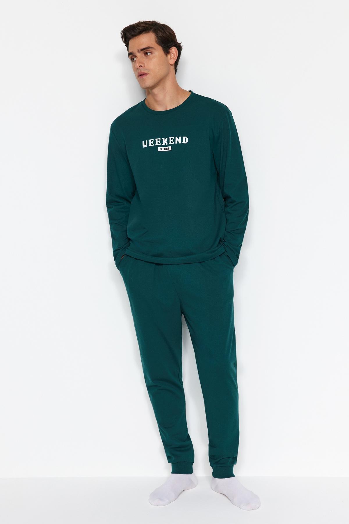 Green Printed Knitted Pyjamas Set, , large image number 0