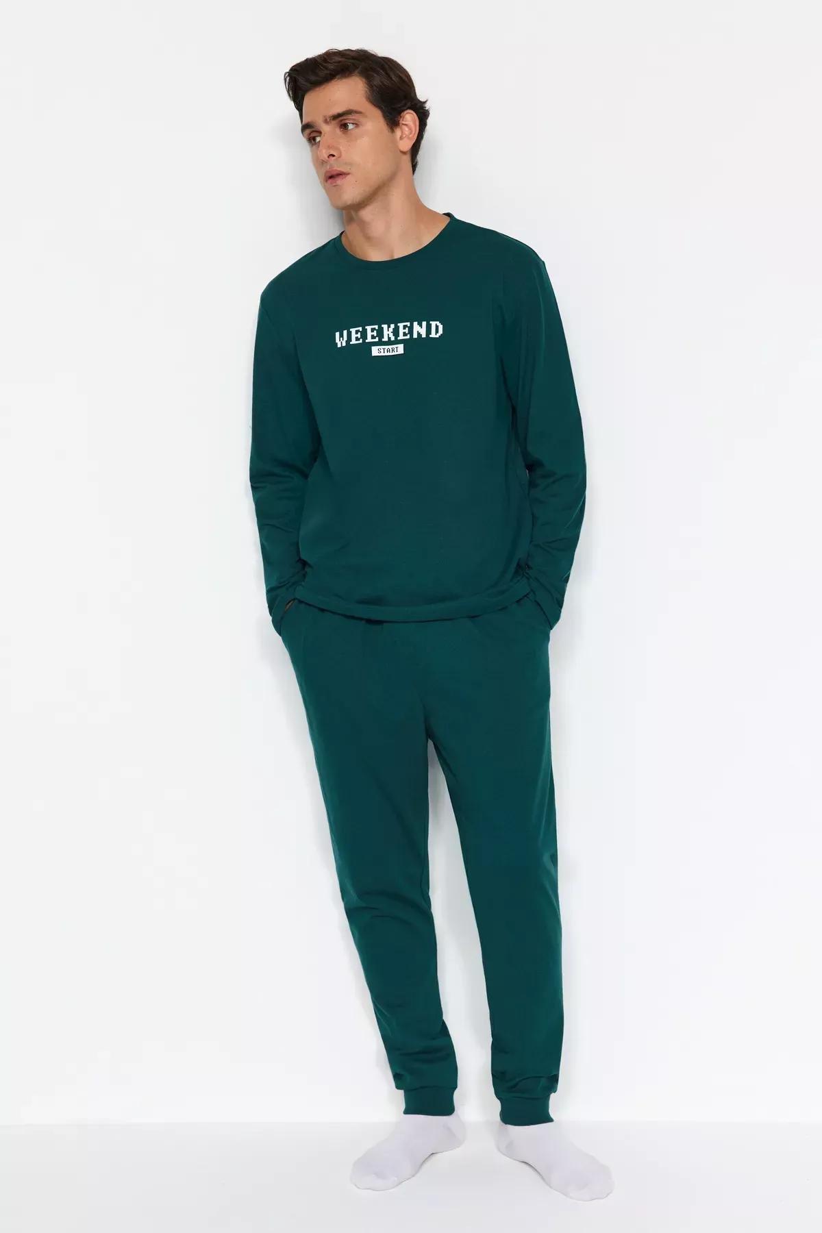 Green Printed Knitted Pyjamas Set, Green, large image number 0